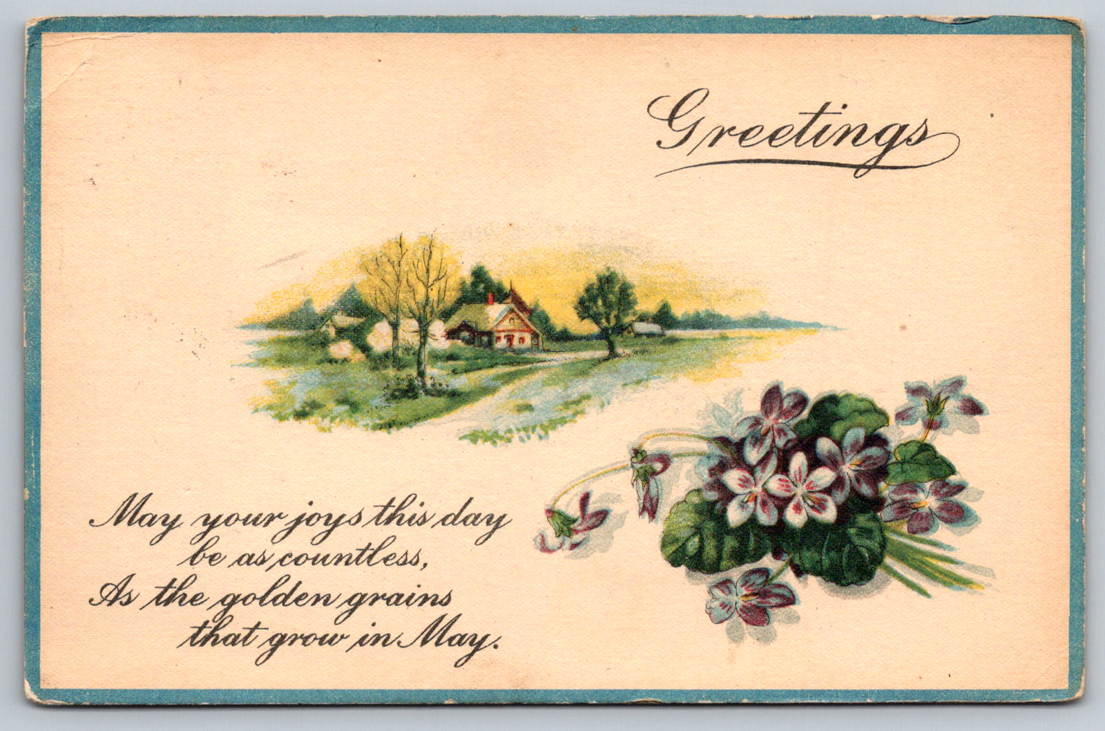 c1910s Greetings Farm Landscape Flowers Poem Antique Postcard