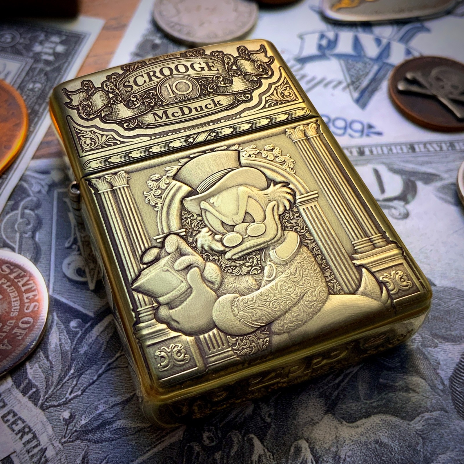 Zippo “Scrooge McDuck” Themed Engraved Brass Armor Cigarette Lighter Ebenezer