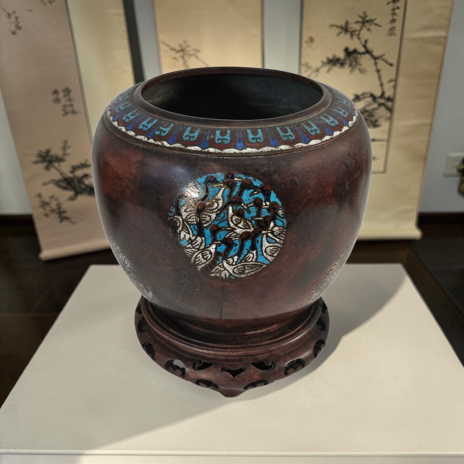 VTG Japanese Bronze Champlevé Jardinière Crane Turtle Enamel Cachepot 9.75