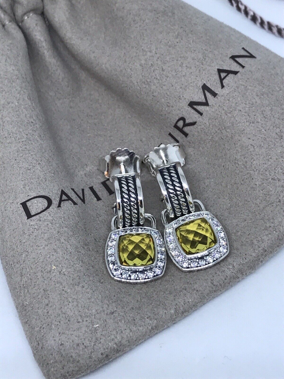 David Yurman 925 Silver 7mm Albion Drop earrings with Lemon Citrine  & Diamonds