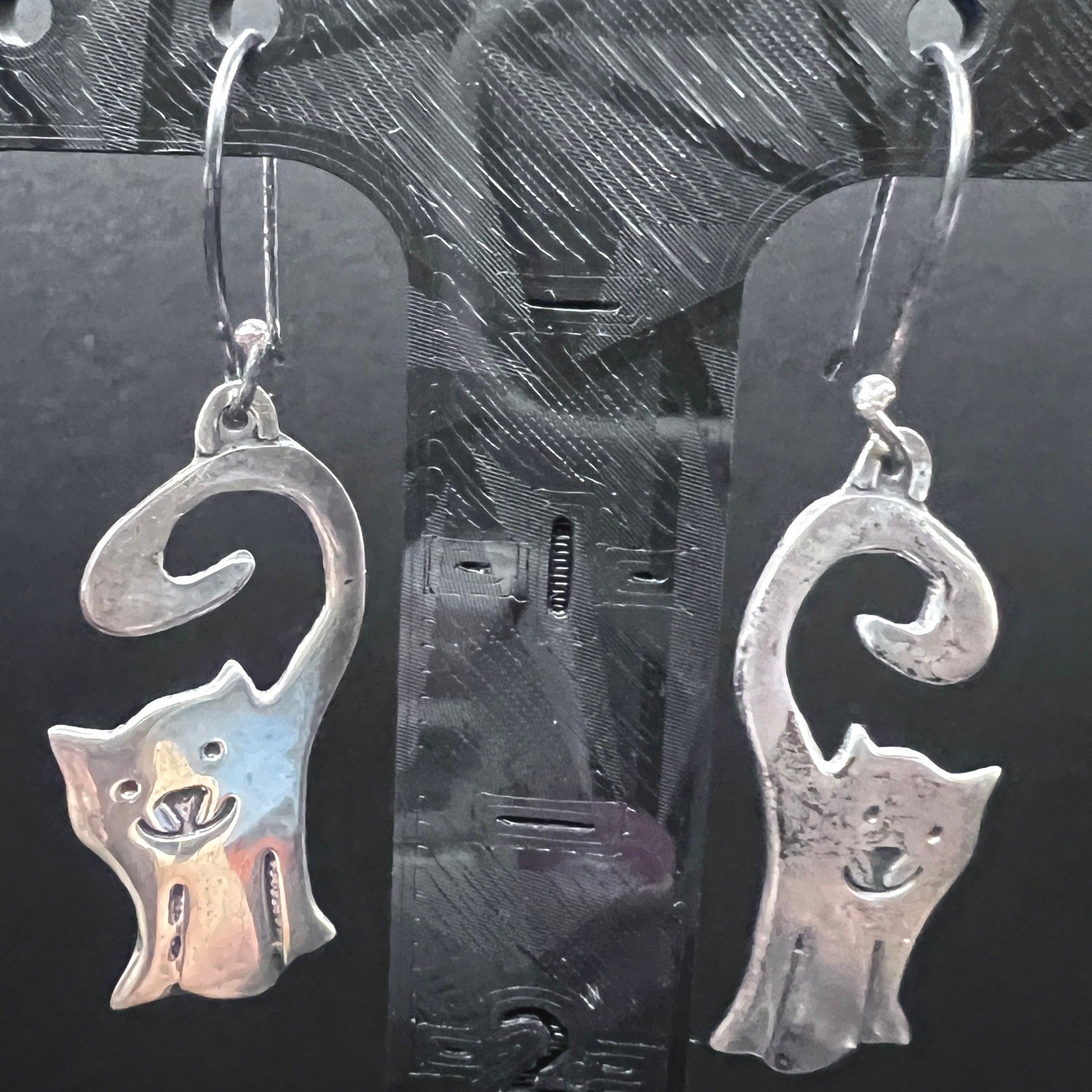 Vtg Mexico Sterling Silver Cat Earrings Dangle Drop Anthropomorphic Figural 5g
