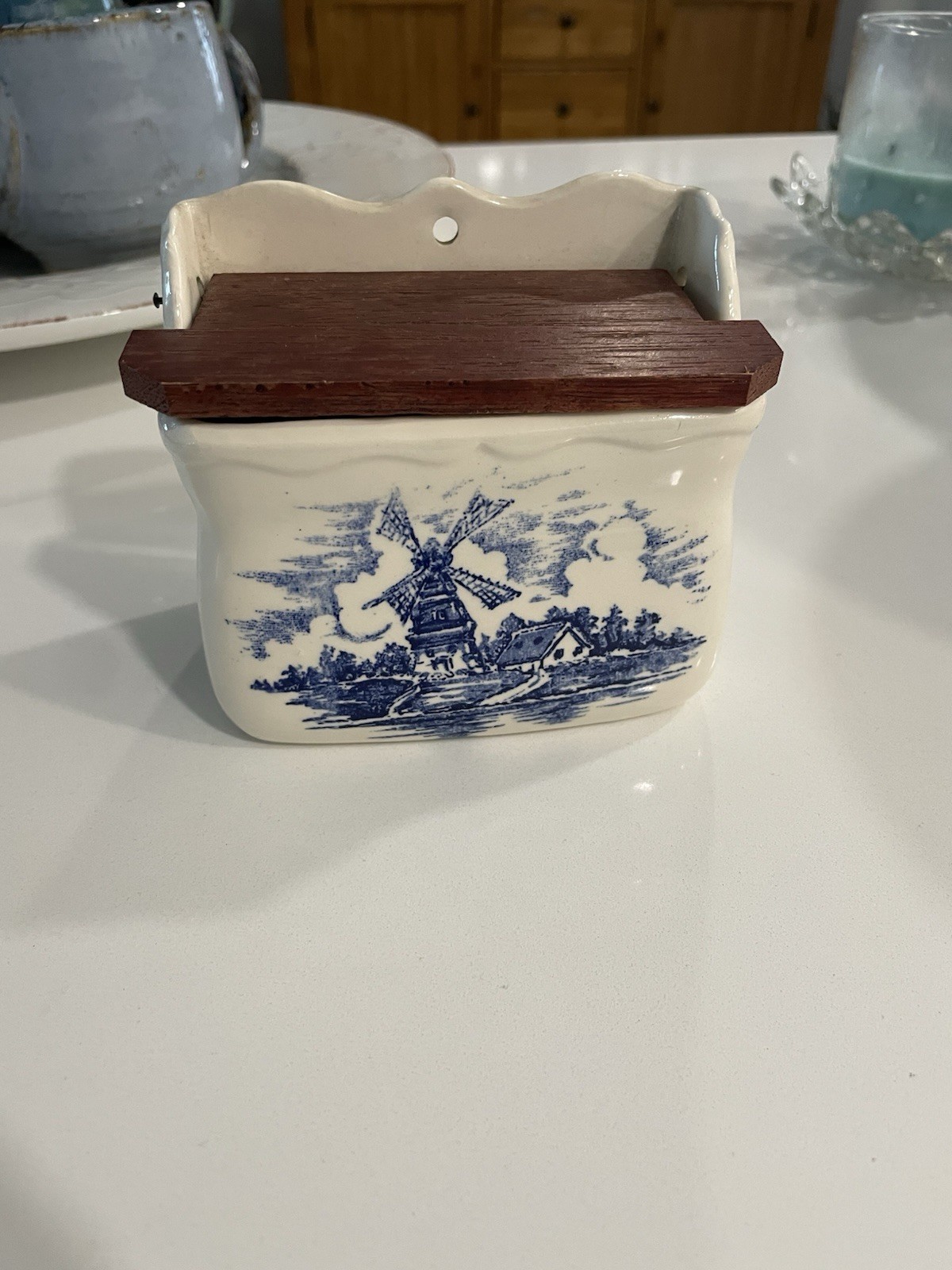 Ceramic Salt Box with Wooden Lid Vintage Blue And White