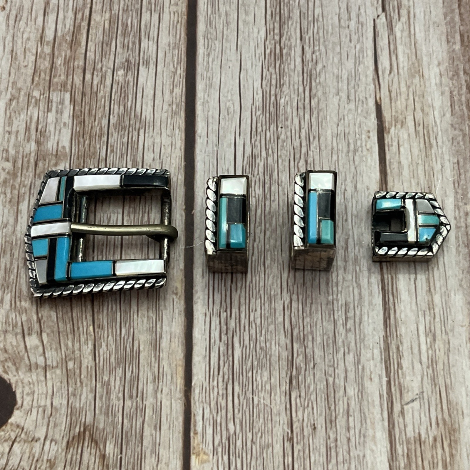 Native American Sterling Silver Inlay Turquoise MOP Onyx Ranger Belt Buckle Set