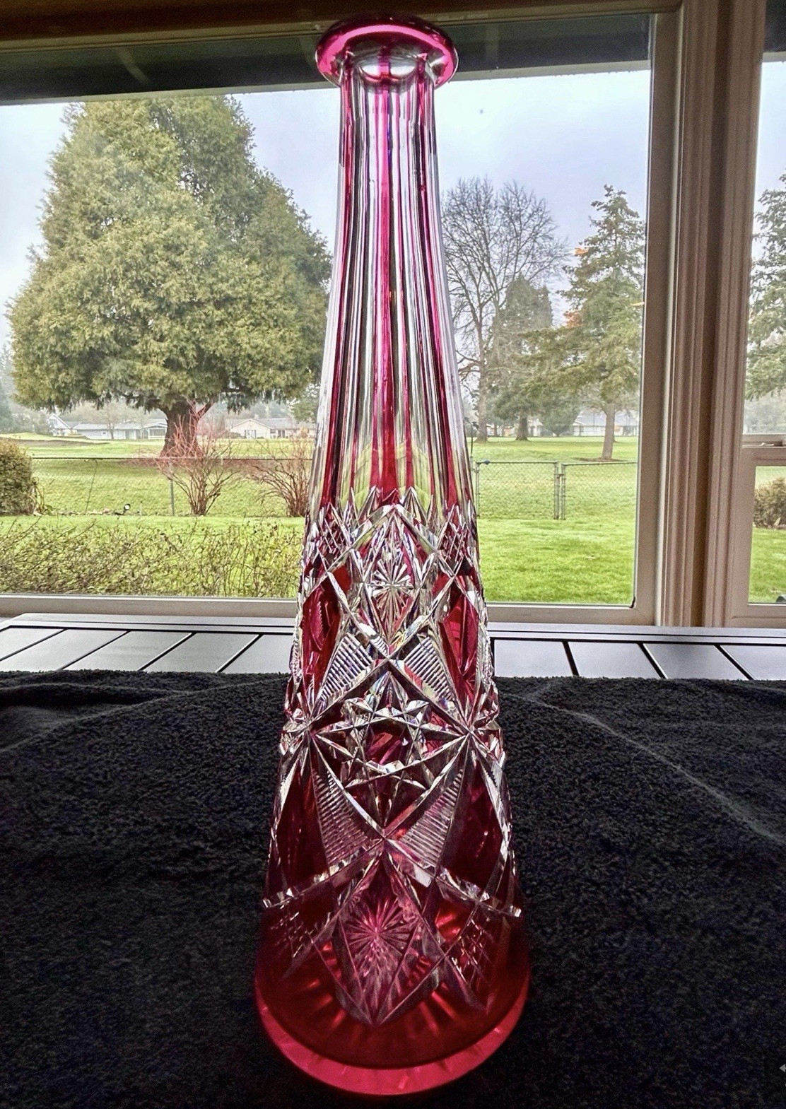Baccarat   Cranberry Cut To Clear Antique Decanter in Langy pattern.