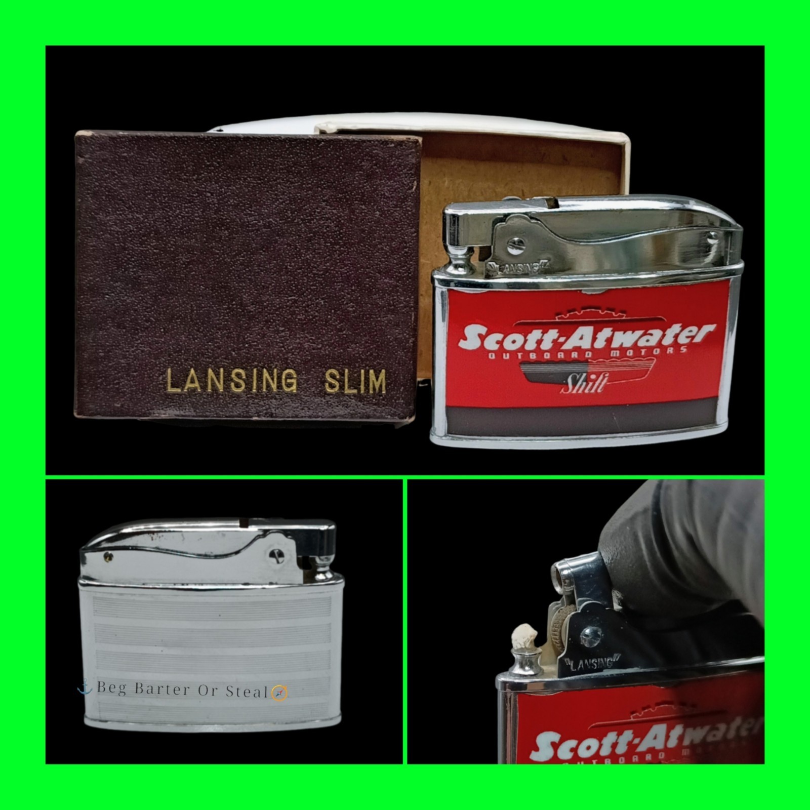 Vintage Scott Atwater Outboard Motors Shift UNFIRED Flat Ad Lighter w/ Box RARE 