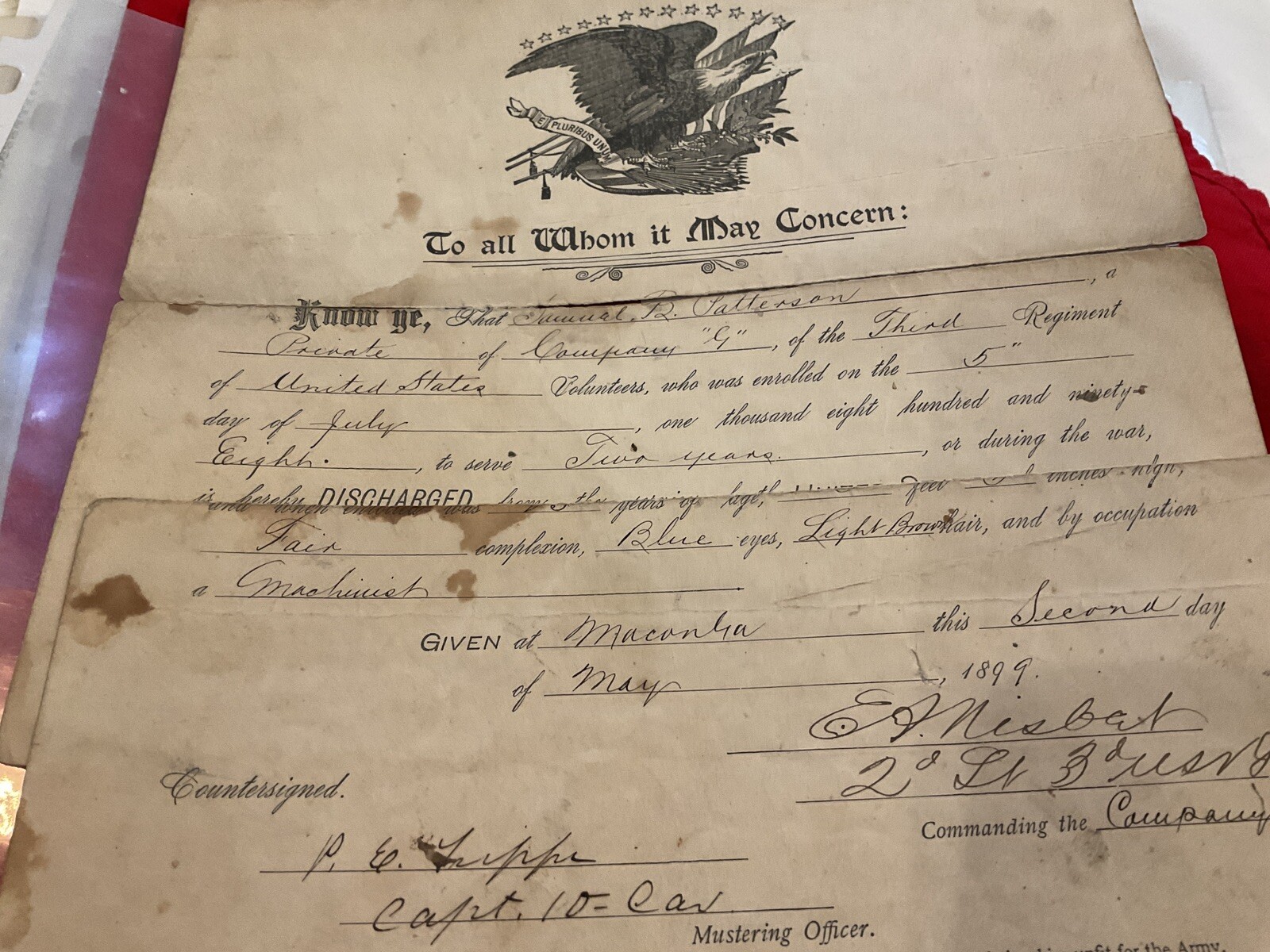 316  Spanish American War Macon Georgia Cuba Veteran Discharge SB Patterson