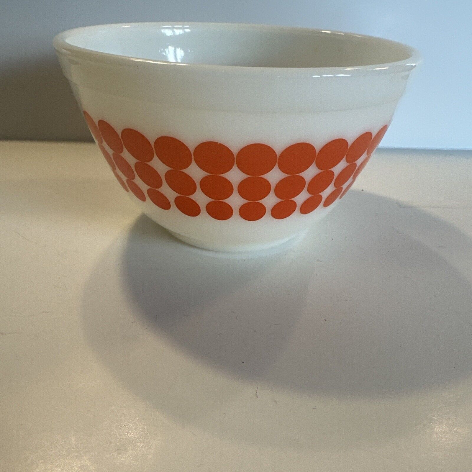 Pyrex Vintage Mixing Nesting Bowl 1.5 pint, #401 USA Orange Polka Dot Milk Glass