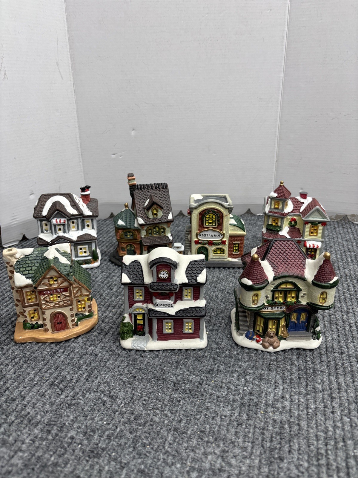 VTG Christmas Village 7 Pc Lot. 4”-5.5” School House Restaurant Toy Store Tavern