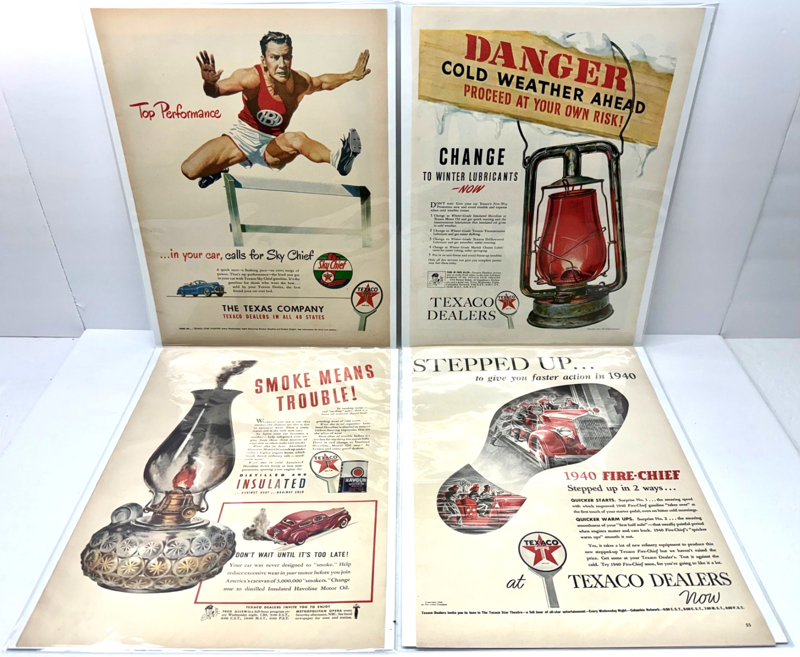 Texaco Print Ad Lot 1940 1941 1948 Red Lantern Smoke Fire Chief Hurdle Jumper Texaco Print Ad Lot 1940 1941 1948 Red Lantern Smoke Fire Chief Hurdle Jumper