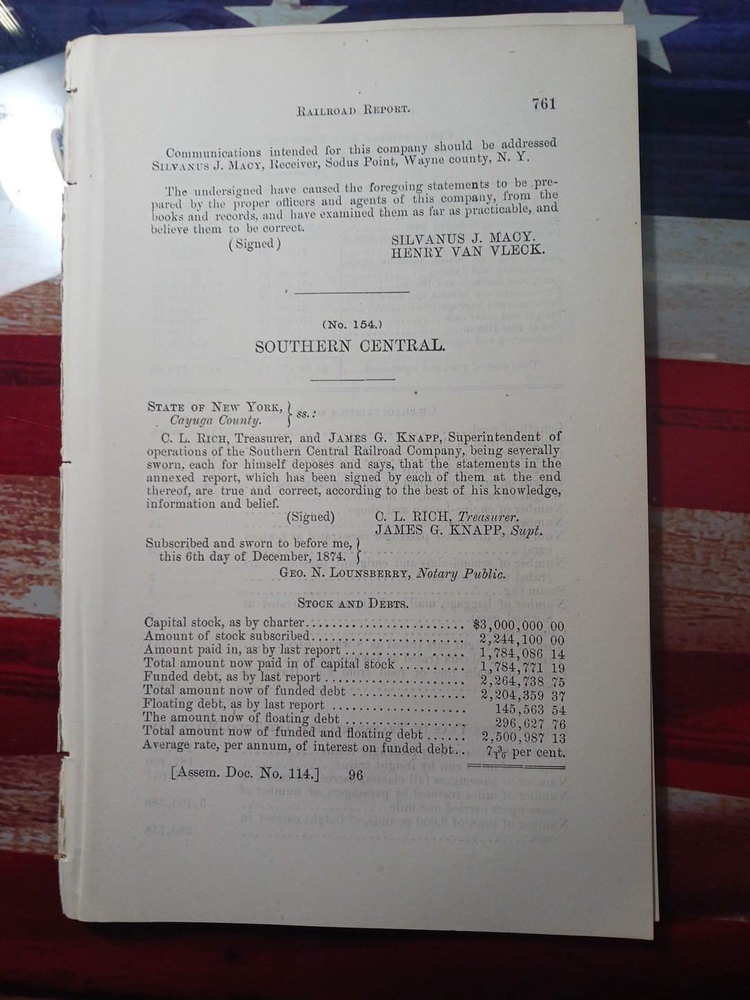 1874 Train Report SOUTHERN CENTRAL RAILROAD Fair Haven Moravia Richford New York