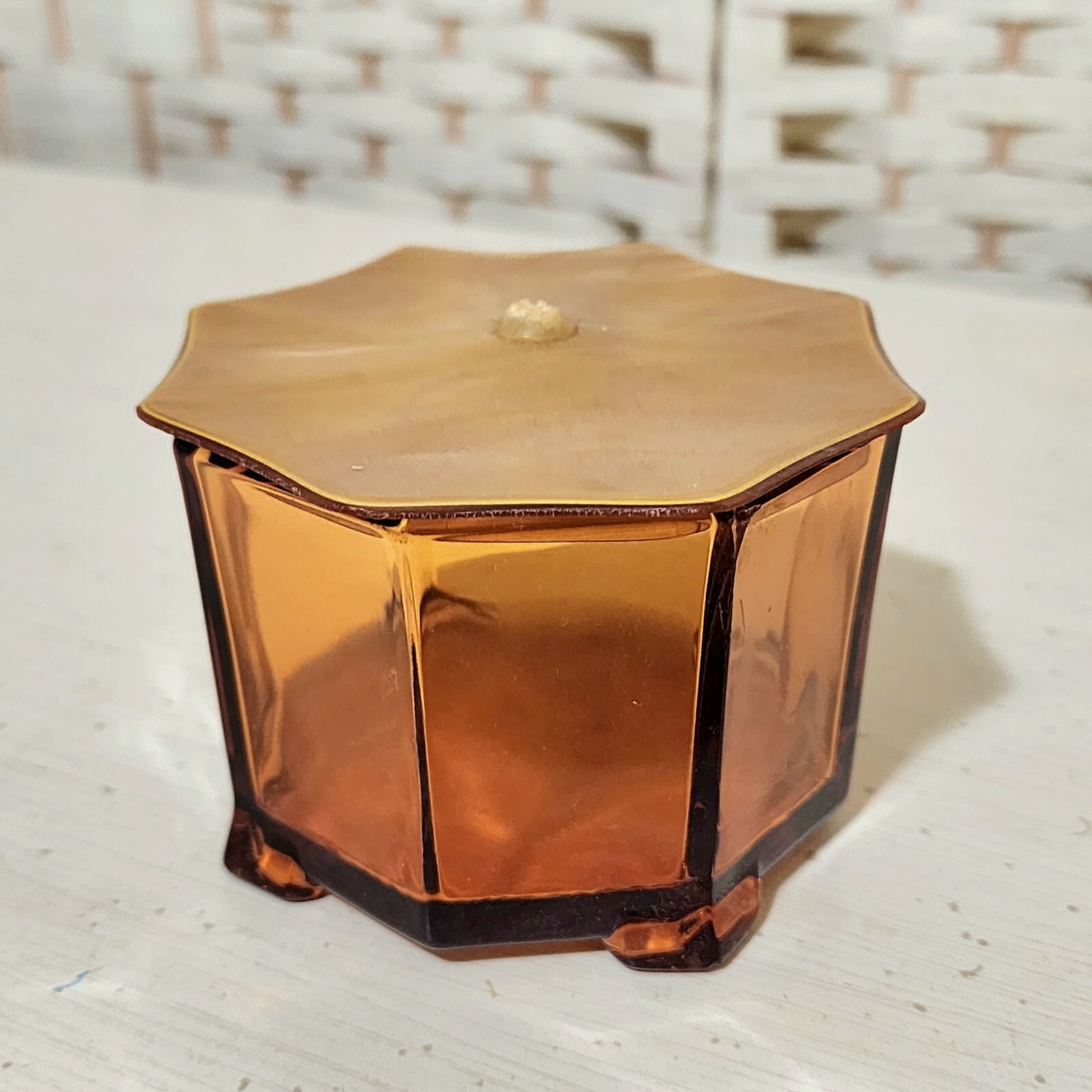 Vintage Amber Glass Footed Octagonal Trinket Dish Candy Bowl With Plastic Lid