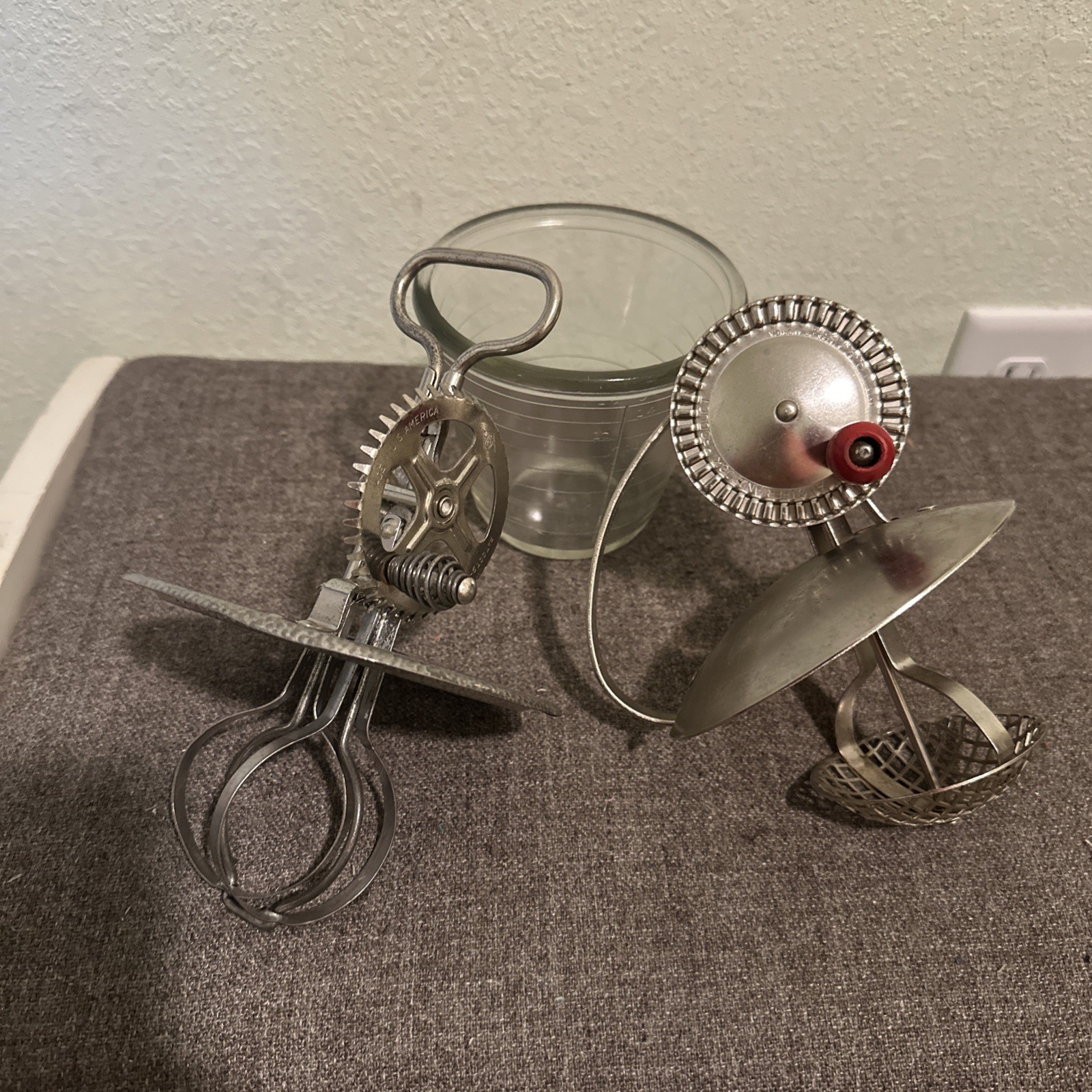Lot 2 Vtg Antique 1930's Egg Beaters With Glass Anchor Hocking Measuring Cup SET