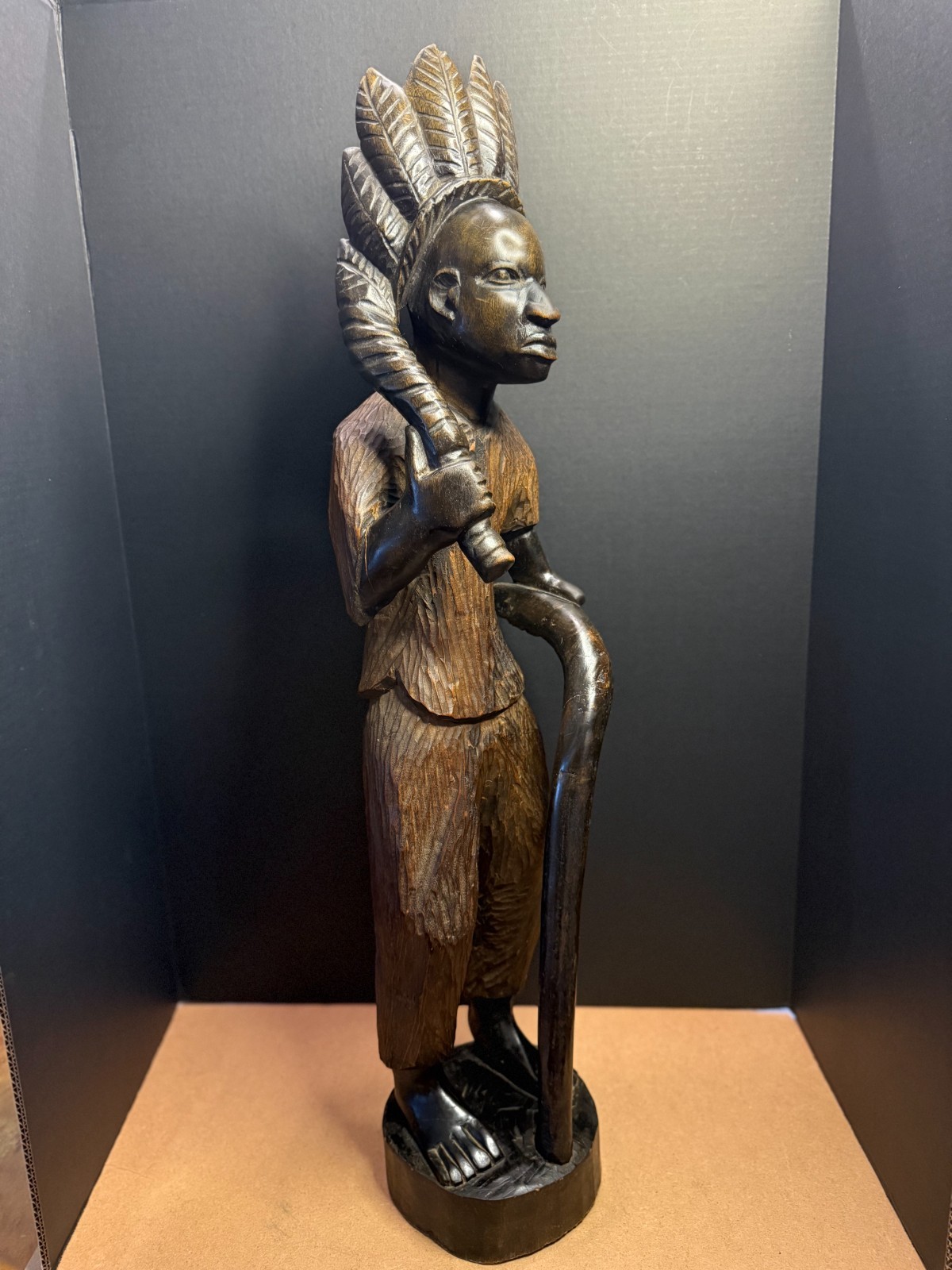 Large African Chief Staff Figure Congo Wood Sculpture 32” Tribal Art Statue