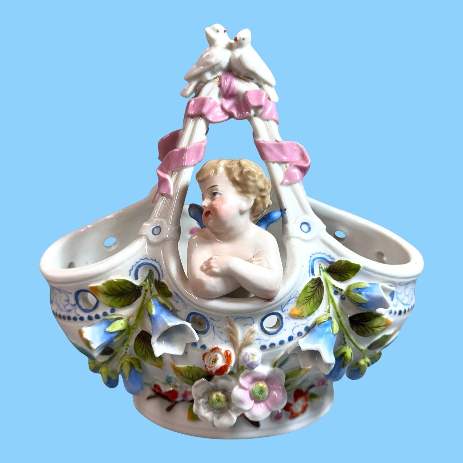 Antique European Porcelain CHERUB inside a Floral BASKET Ribbons Love Birds READ
