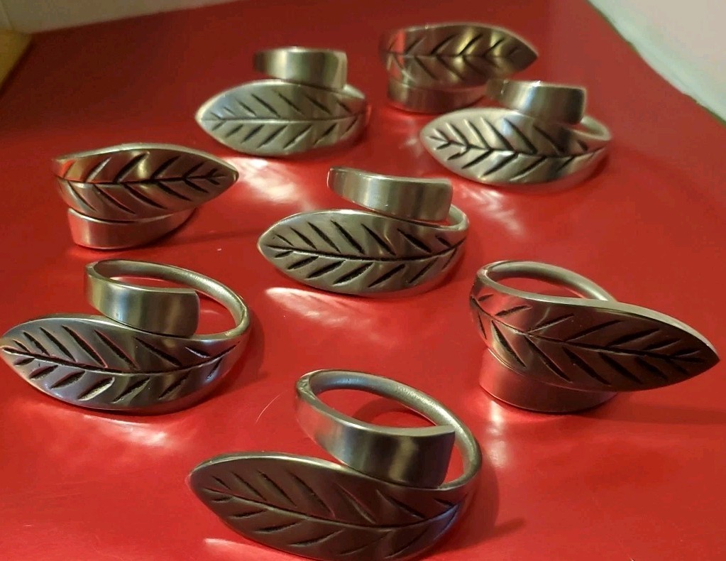 VTG Set 8 Pewter Tone Bypass Leaf Napkin Rings Botanical Garden Party Pier 1