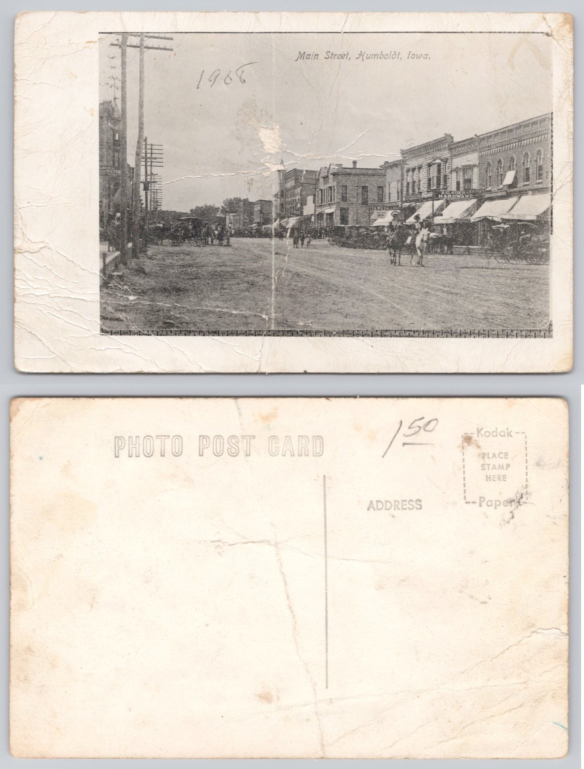 RPPC Main Street Humboldt Iowa 1908 Vintage Kodak Photo Postcard Horse Buggy