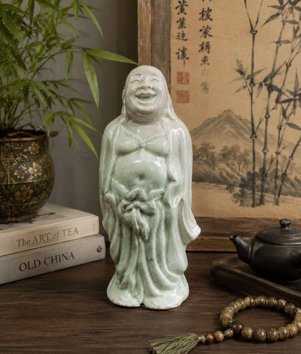 Vintage Laughing Buddha Celadon Green Chinese Figurine Happy Hotei Statue