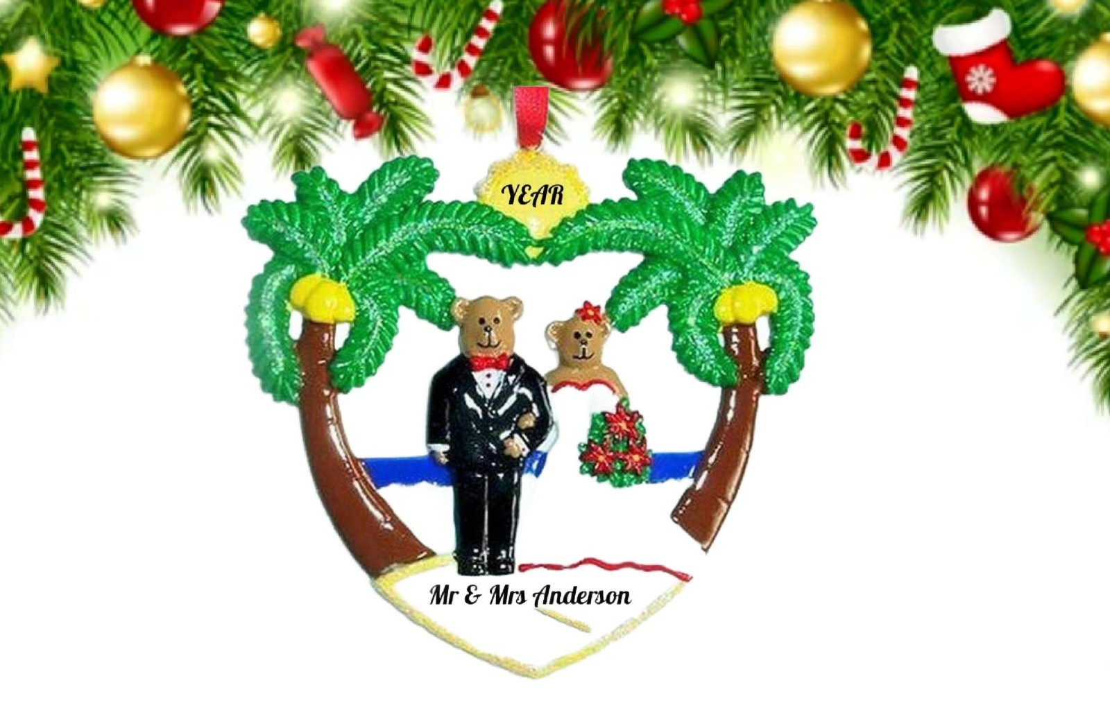 Personalized Beach Wedding Christmas Ornament – Tropical Bride and Groom Bear Personalized Beach Wedding Christmas Ornament – Tropical Bride and Groom Bear