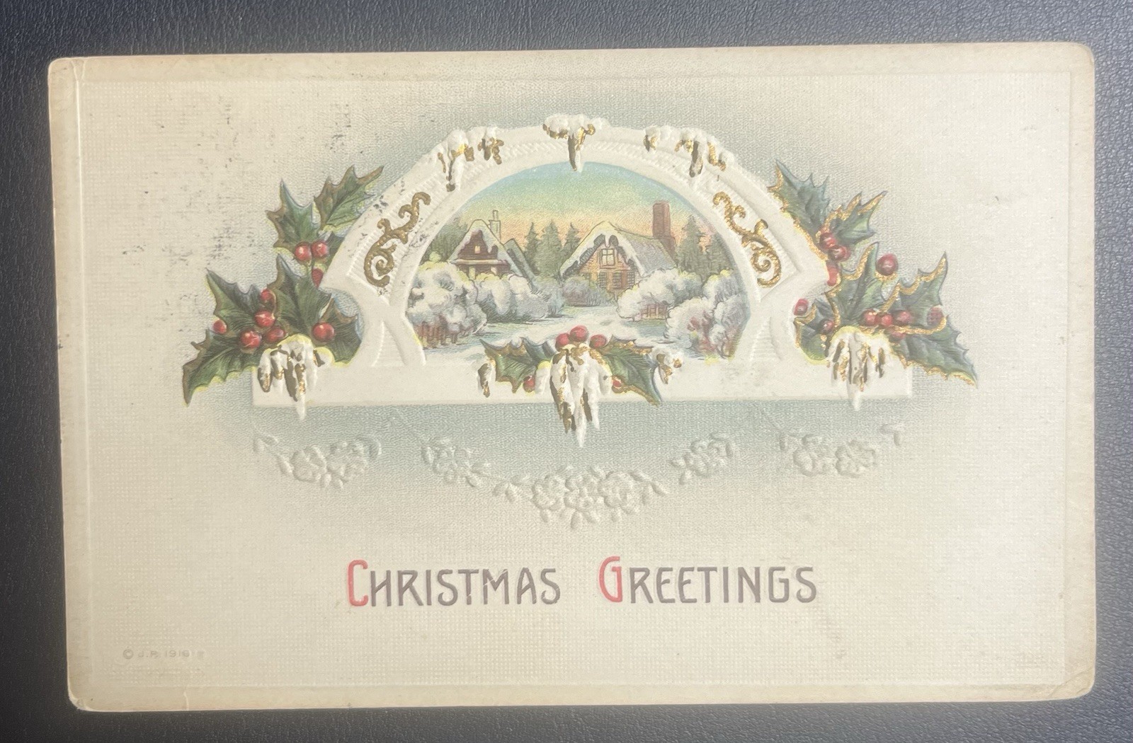 Antique Copyright 1910 Christmas Greetings Embossed Postcard Dexter Press