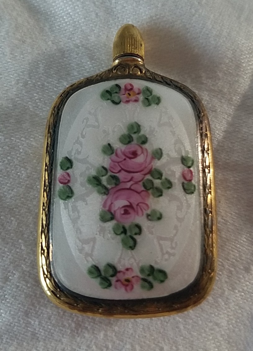 Antique Pink Rose Flower Guilloche Enamel Perfume Bottle with Dauber Wand 2.25\ Antique Pink Rose Flower Guilloche Enamel Perfume Bottle with Dauber Wand 2.25\