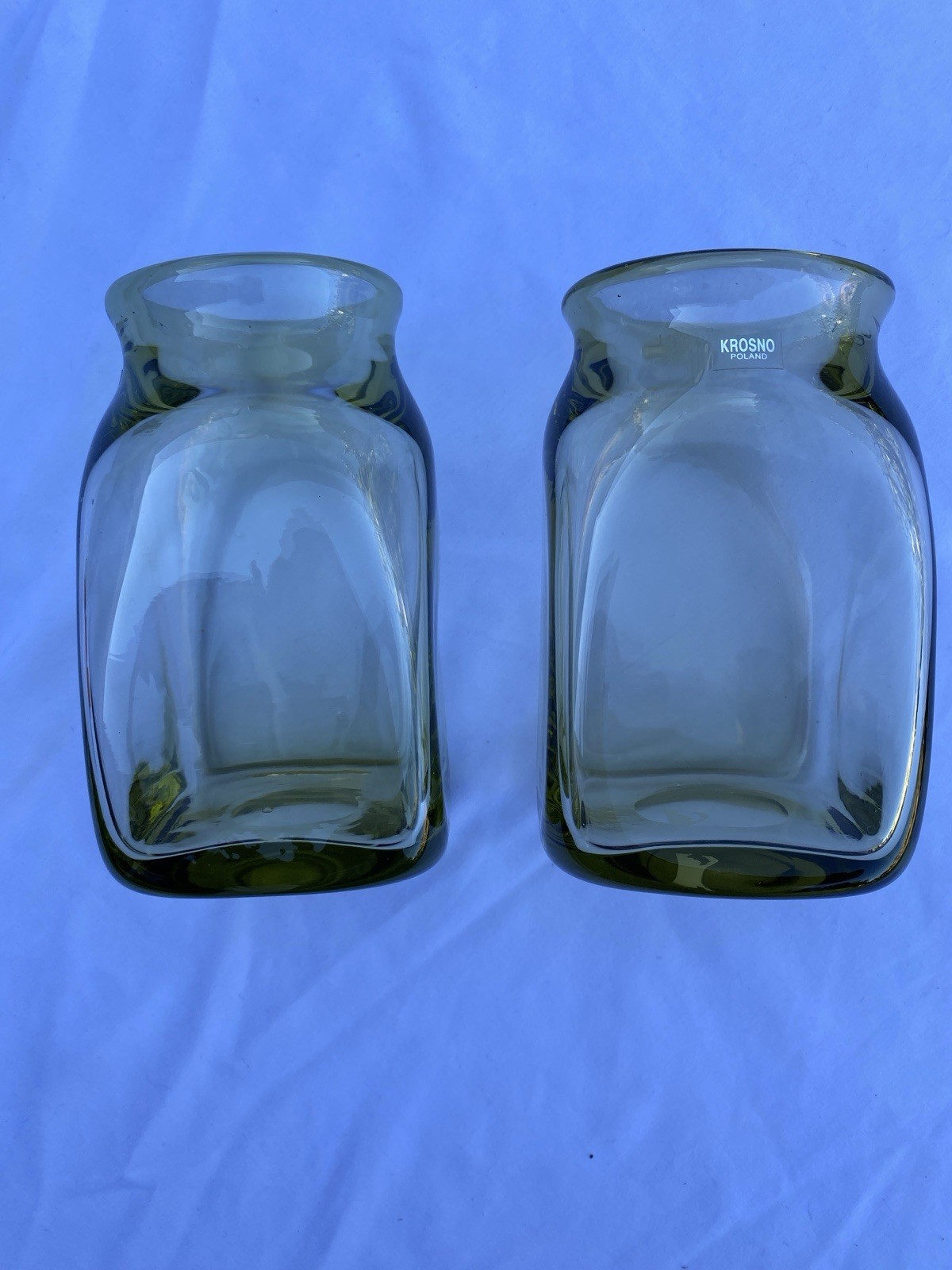 2-Vintage Krosno Poland LT.Olive Green Glass Jar Apothecary Vase 5 3/4” Tall New 2-Vintage Krosno Poland LT.Olive Green Glass Jar Apothecary Vase 5 3/4” Tall New