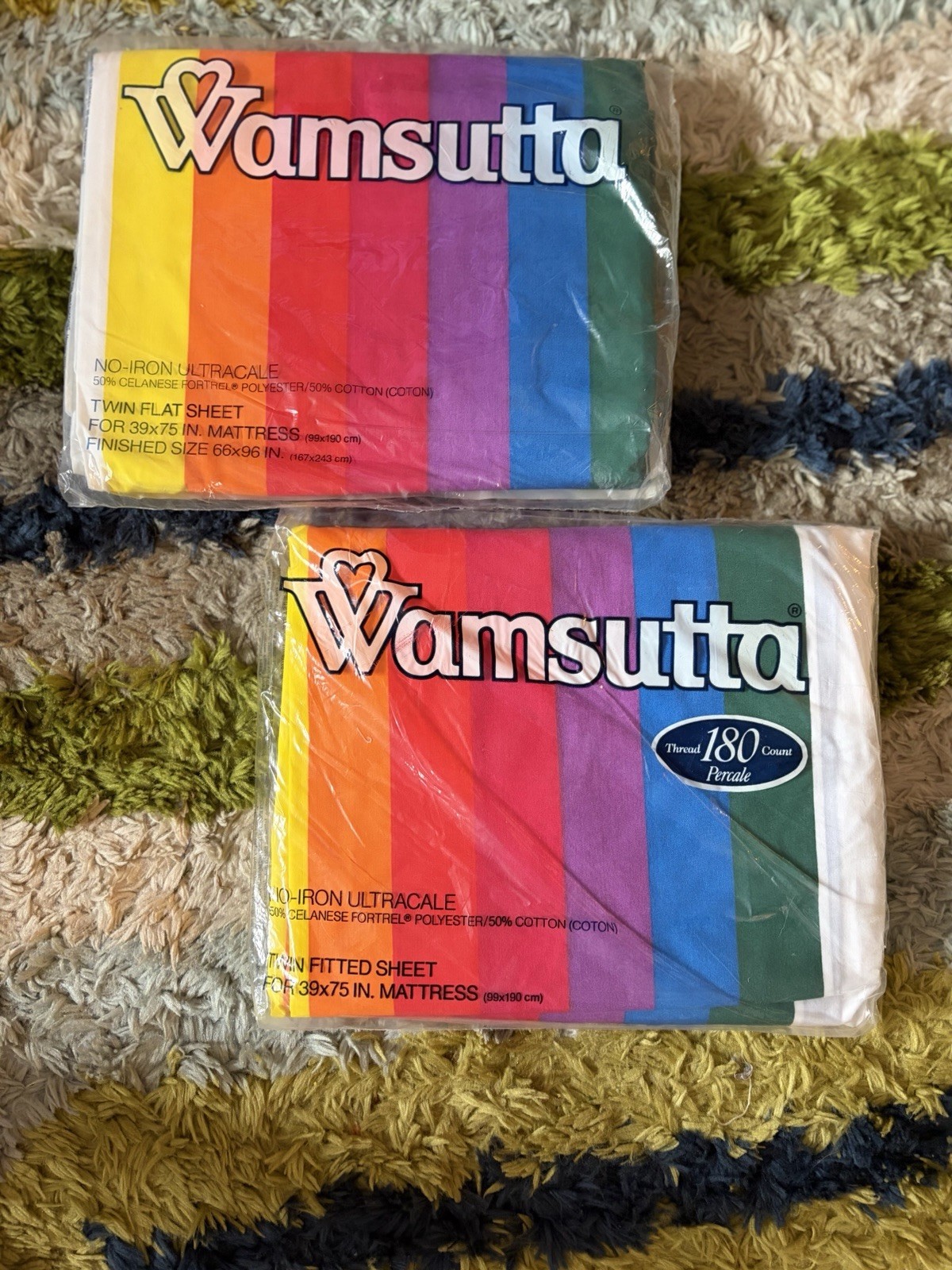 Vintage Wamsutta Tomorrow's Rainbow 1 Twin Flat & 1 Fitted Sheet 1980s New NOS