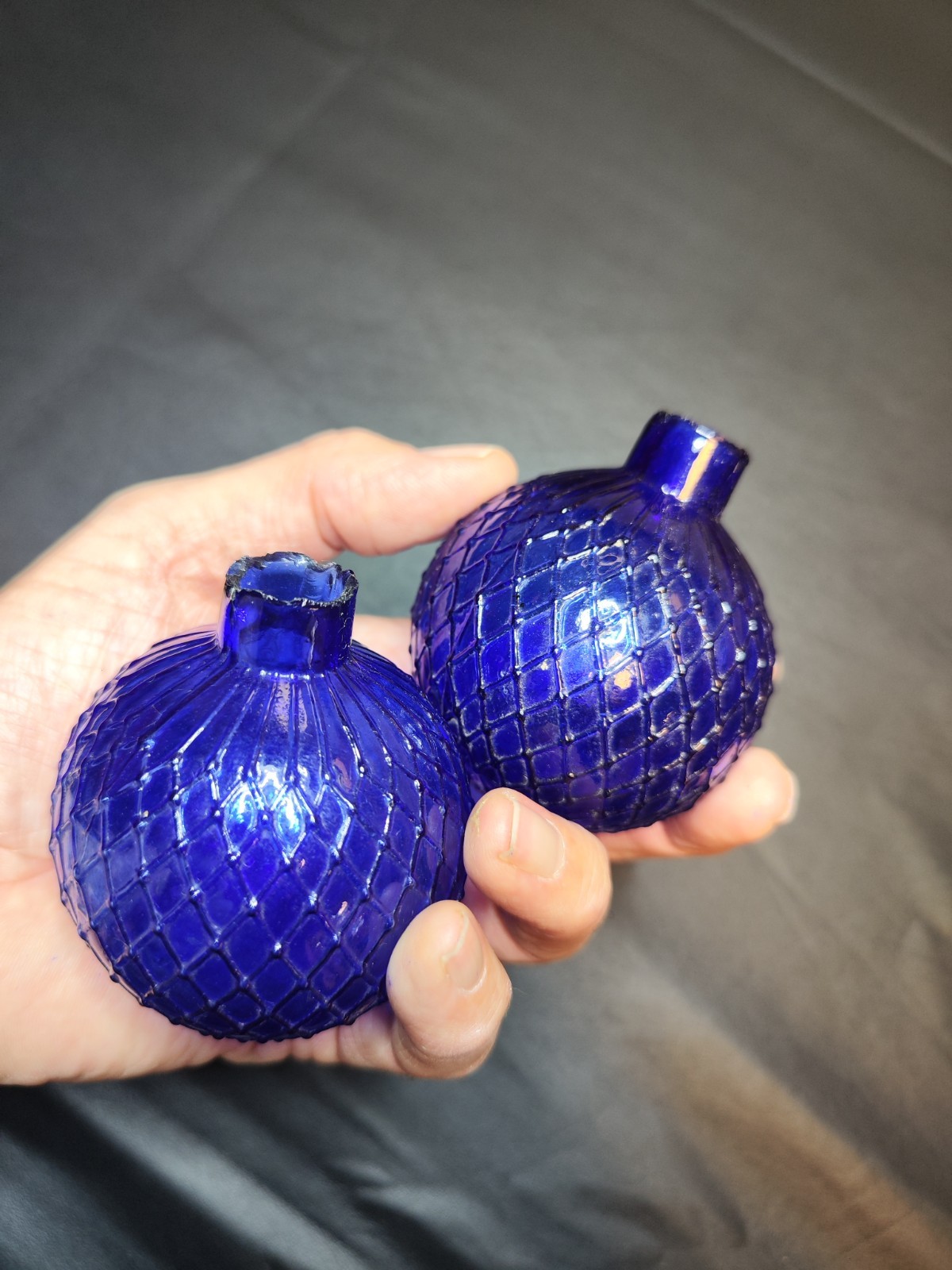 Pair Antique 1880s Cobalt Blue Blown Glass Target Balls - Shooting Sport