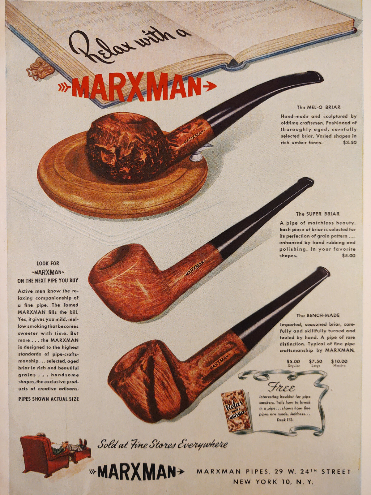 1946 Original Esquire Art WWII Era Art Ads Marxman Pipes Van Merrit Beer