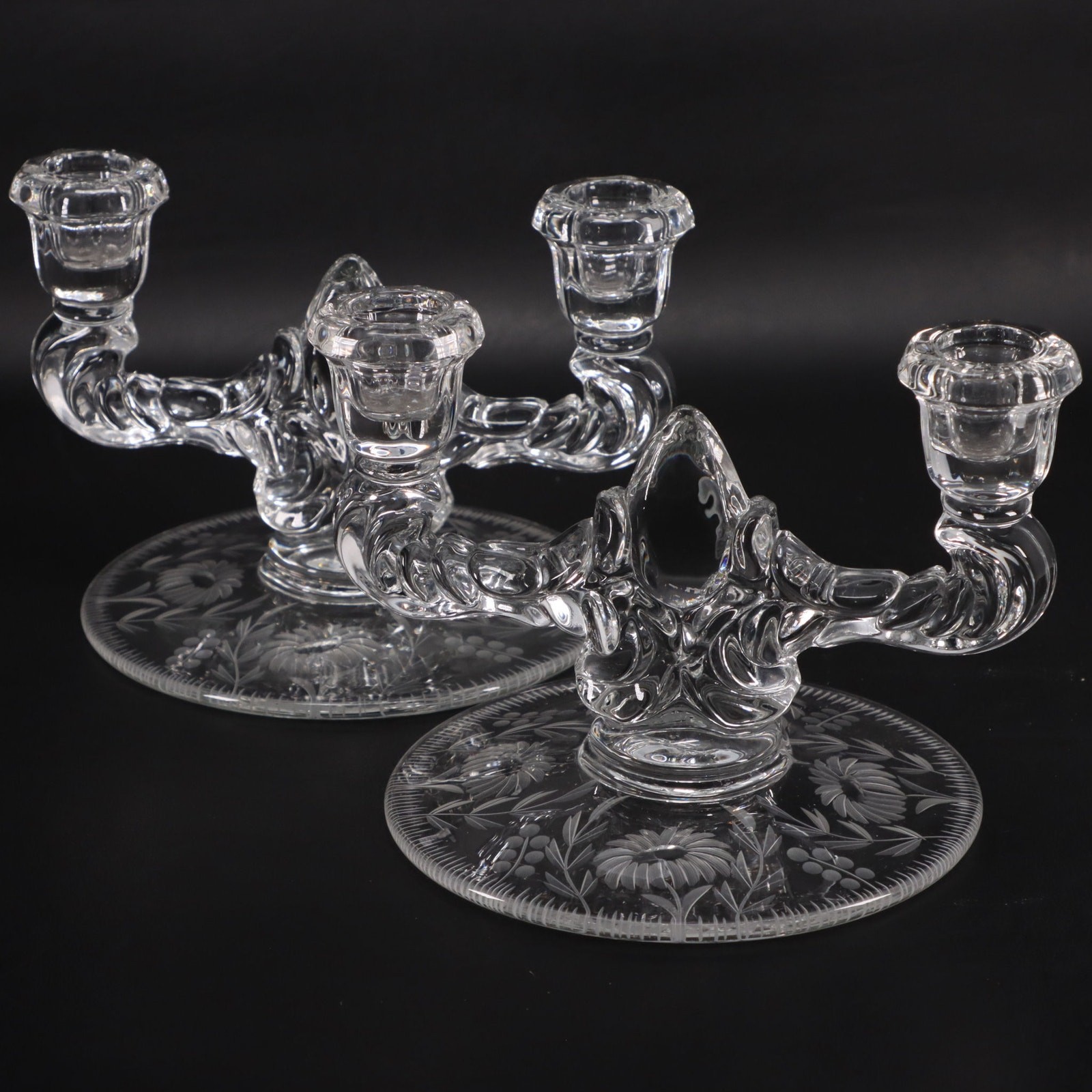 Martinsville Teardrop 4457 Etched Glass Double Candle Holder Floral Vintage 1938 Martinsville Teardrop 4457 Etched Glass Double Candle Holder Floral Vintage 1938