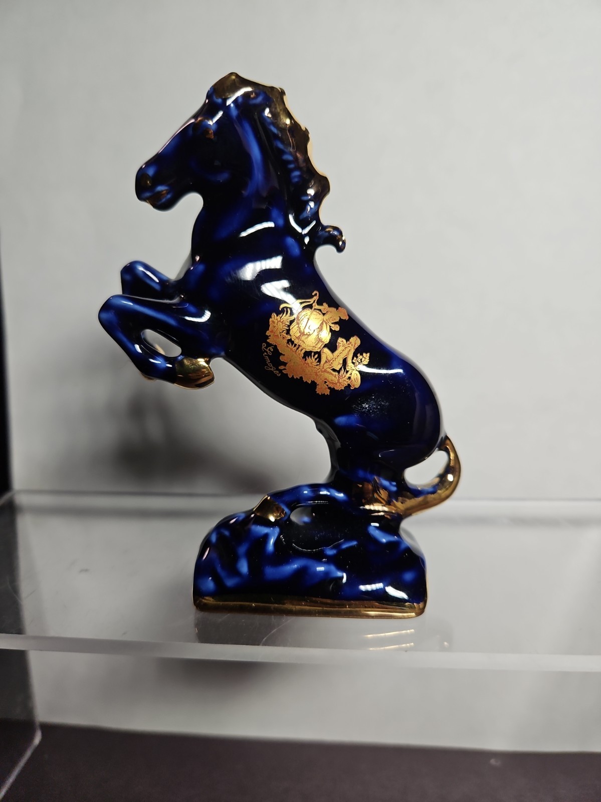 Limoges Castel France Cobalt Blue Porcelain Stallion Horse Figurine 22k Gold