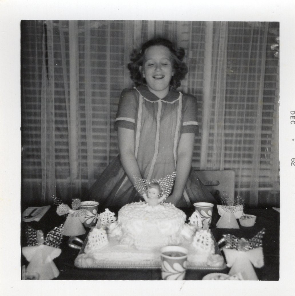 Happy Girl Child Doll Birthday Cake Dress MCM 1960\'s Photo Snapshot Vtg Party