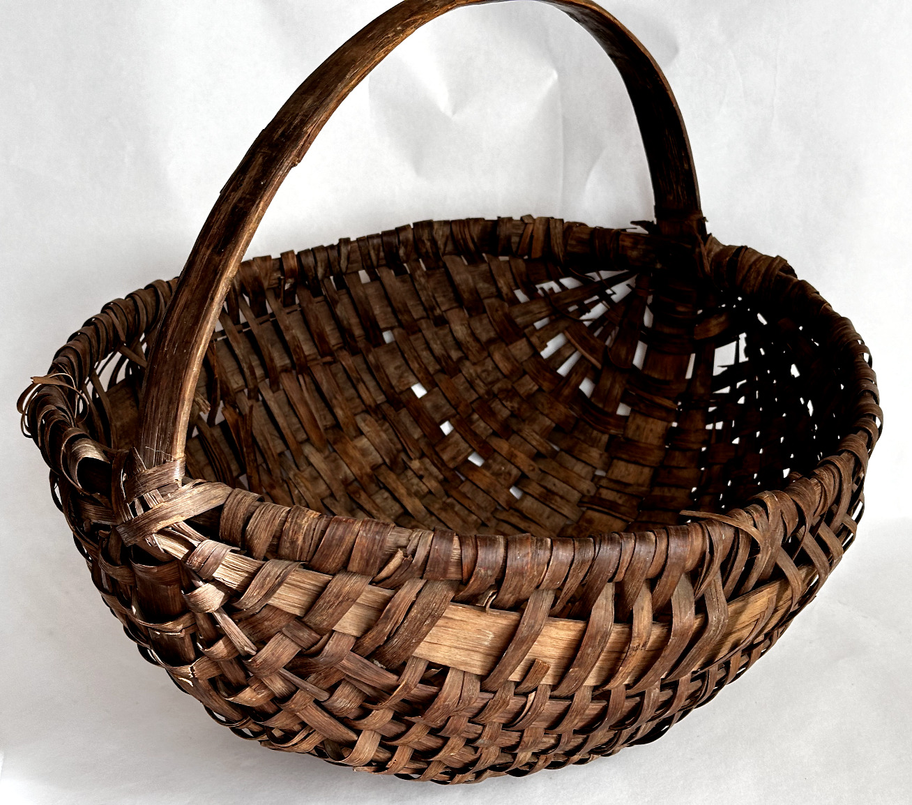 Antique Gathering Basket Vintage Oak Splint Bentwood Handle Primitive, Egg Melon