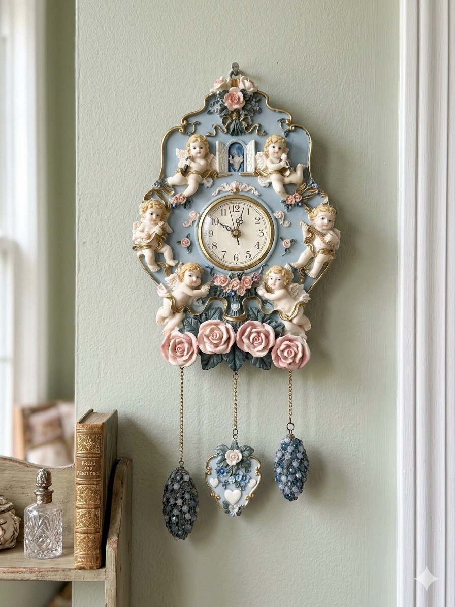 Vintage 3D Cherub Angel & Roses Hanging Chime Wall Clock - TESTED & WORKING