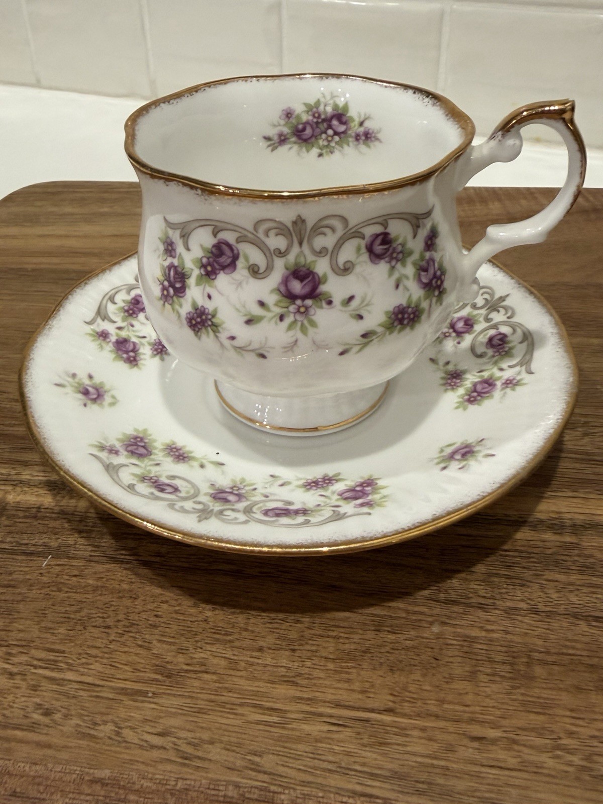 Queen’s Staffordshire England Bone China Teacup & Saucer Purple Floral Gold Trim