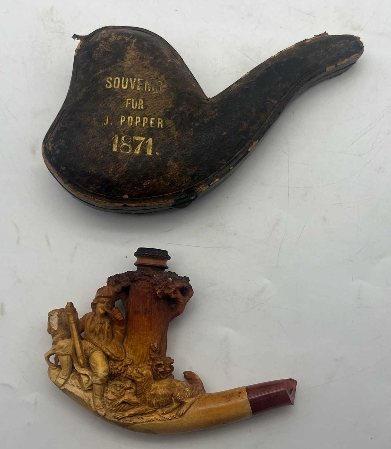 Antique 1871 Carved Meerschaum Pipe Hunter Dog Case Souvenir J. Popper - AS IS 