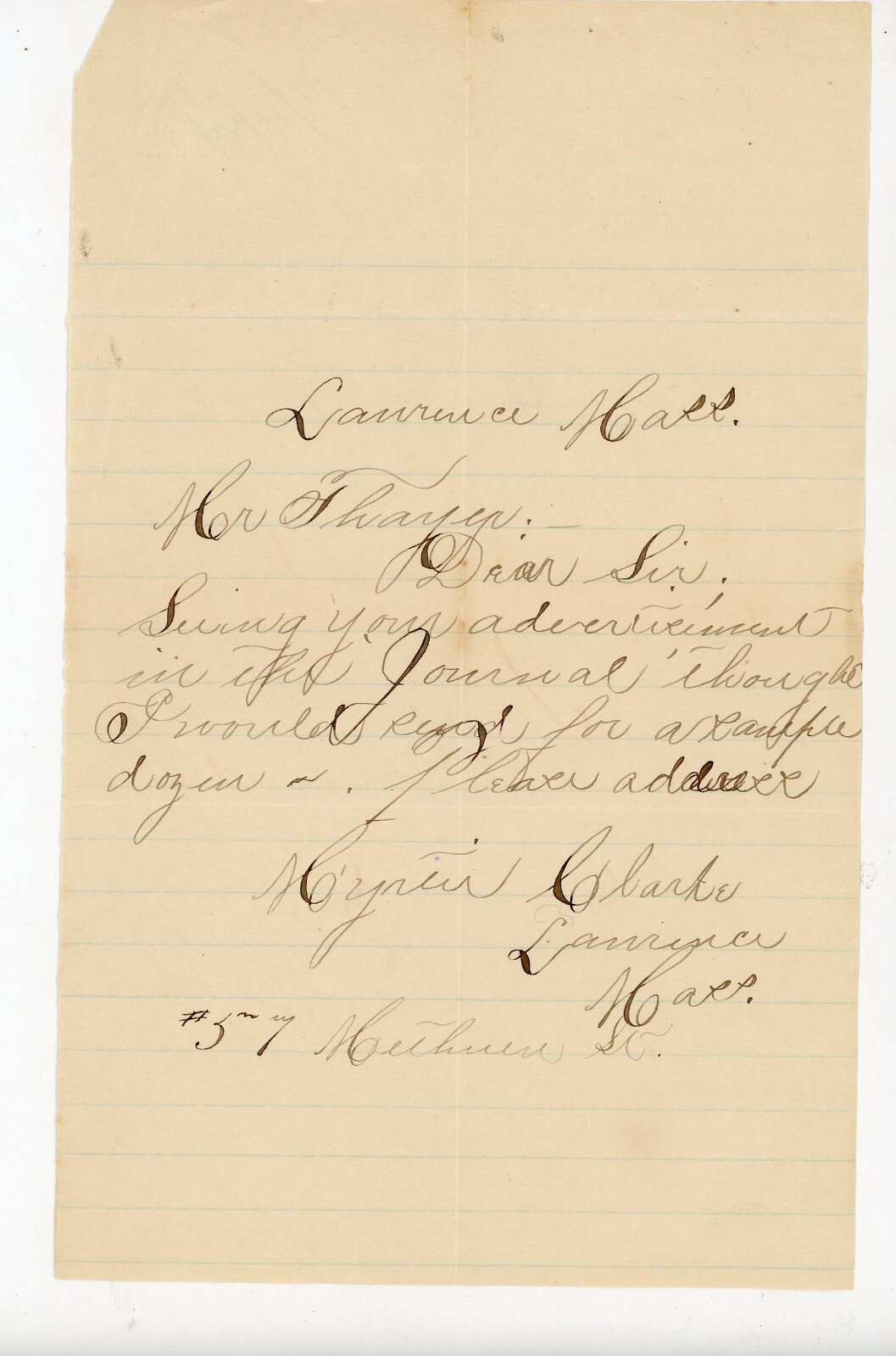 1880s Handwritten Letter Cynthia Clarke to Mr. Thayer Lawrence MA Methuen St