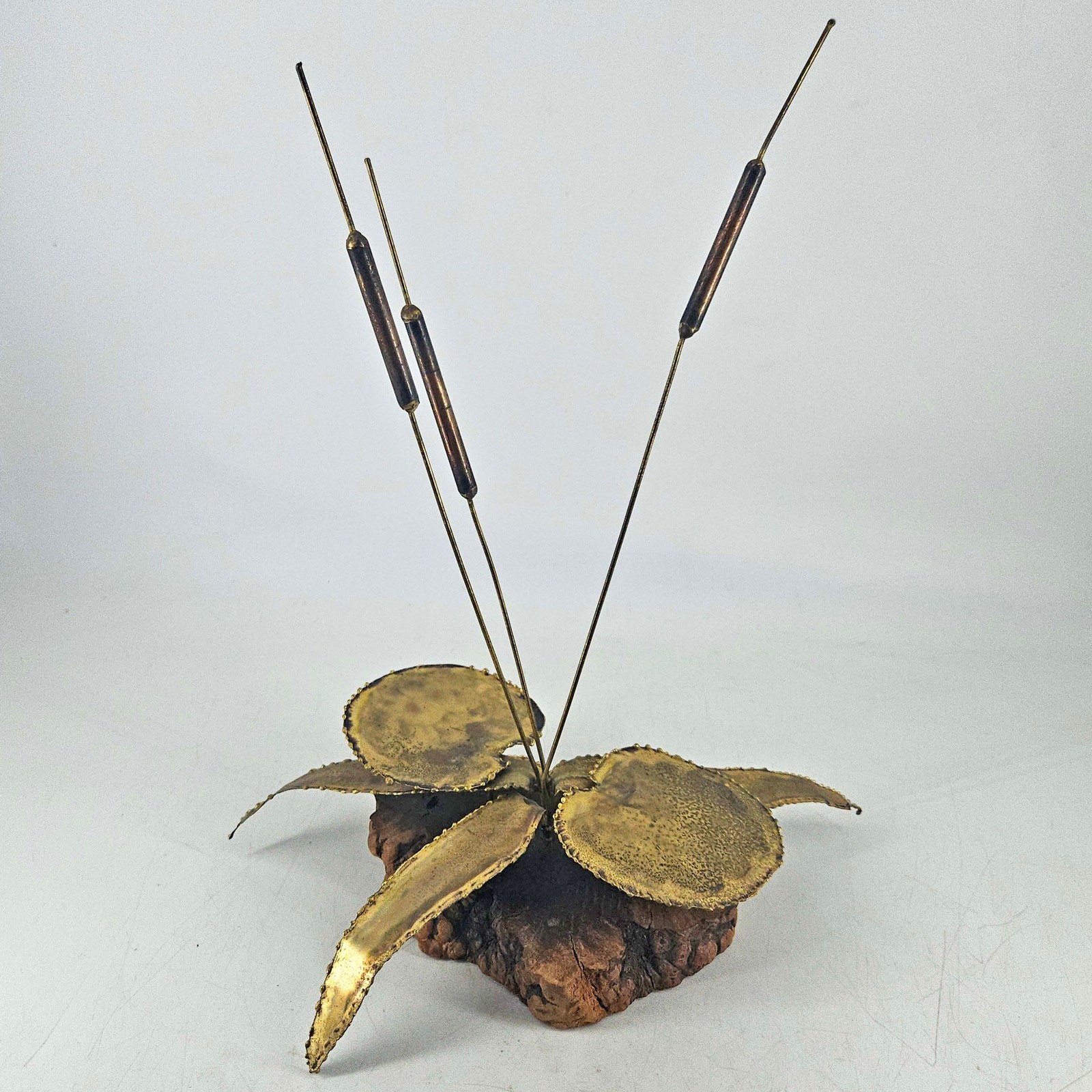 Vintage Mid Century Brutalist Brass Cattail lily pad leaves On Burlwood figurine
