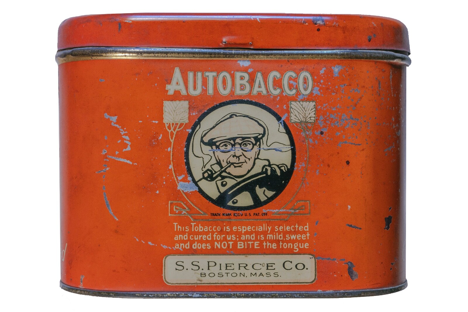 Scarcre 1920s S.S.Pierce *Autobacco” litho oval 1 lb  tobacco tin in good cond