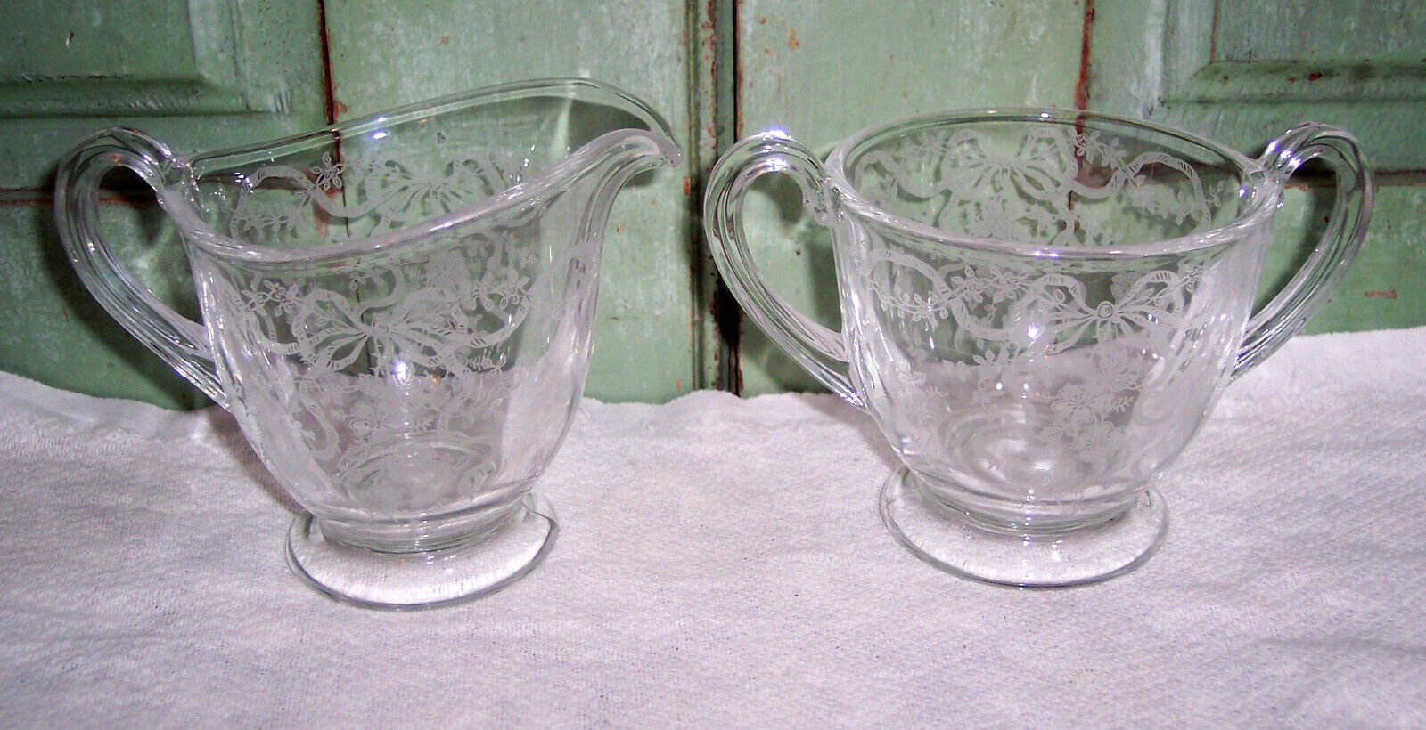 Vintage Etched Depression Glass Fostoria Romance Creamer & Sugar Bowl