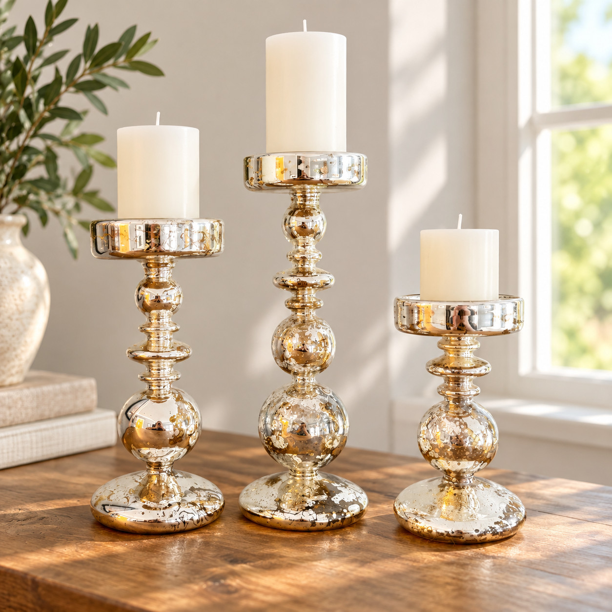 West Elm Mercury Pedestal Candleholders Gold Set of 3 Medium Tall Large Retired