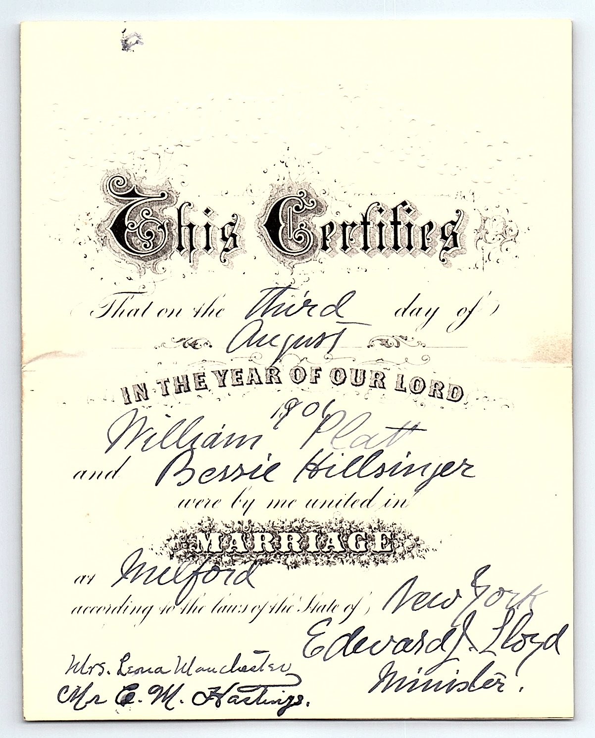 Antique 1901 Marriage Certificate Milford New York