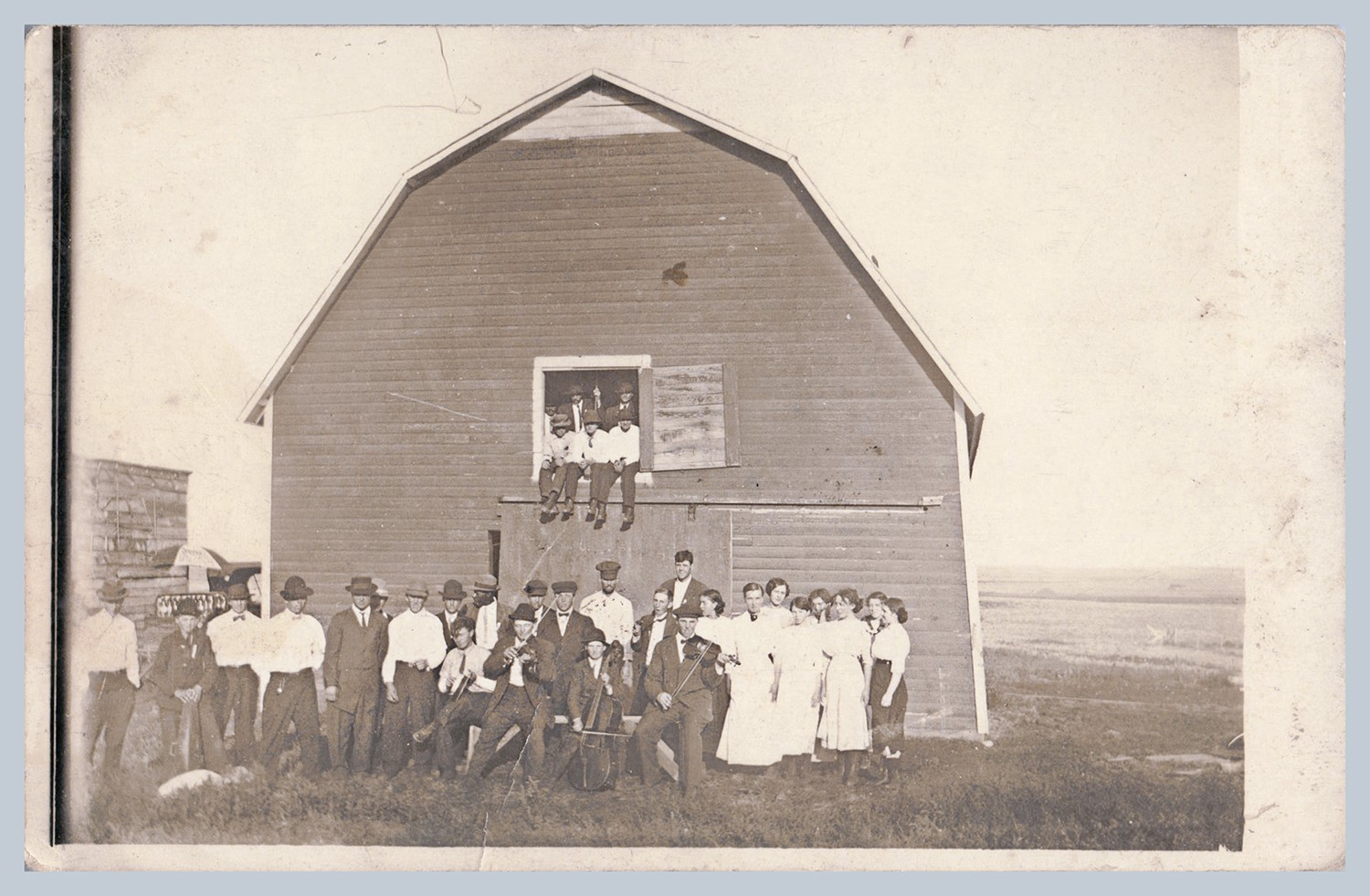 Antique 1910s RPPC Farm Barn Group Men Women Musicians Rural Photo Postcard -205