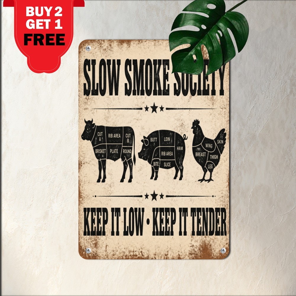 Meat Cuts BBQ Smoking Slogan Poster Sign Rustic Smokehouse Metal Tin Plaque