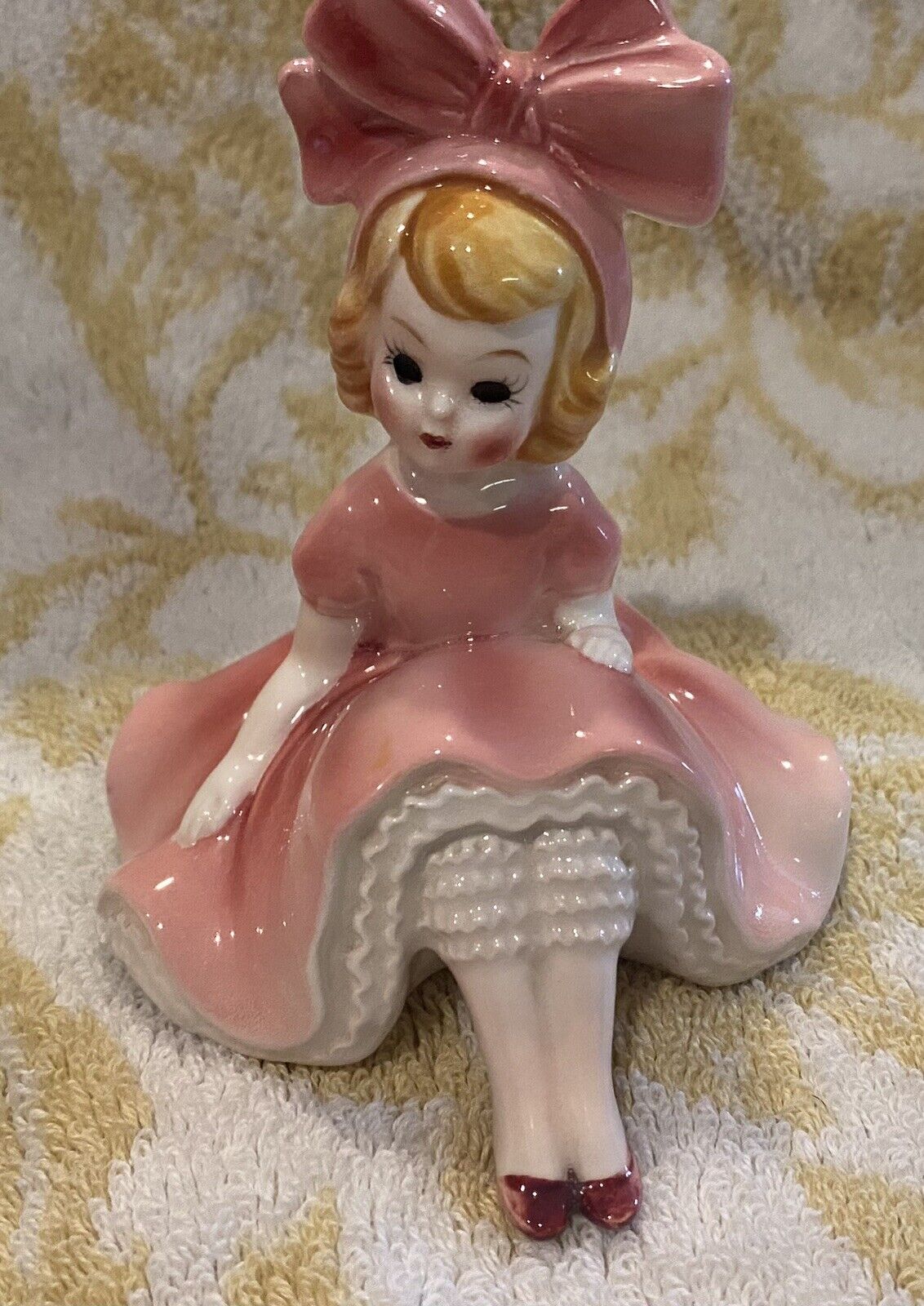 Vintage Girl In Pink Dress And Bow Ceramic Figurine H4038 Lefton MINT