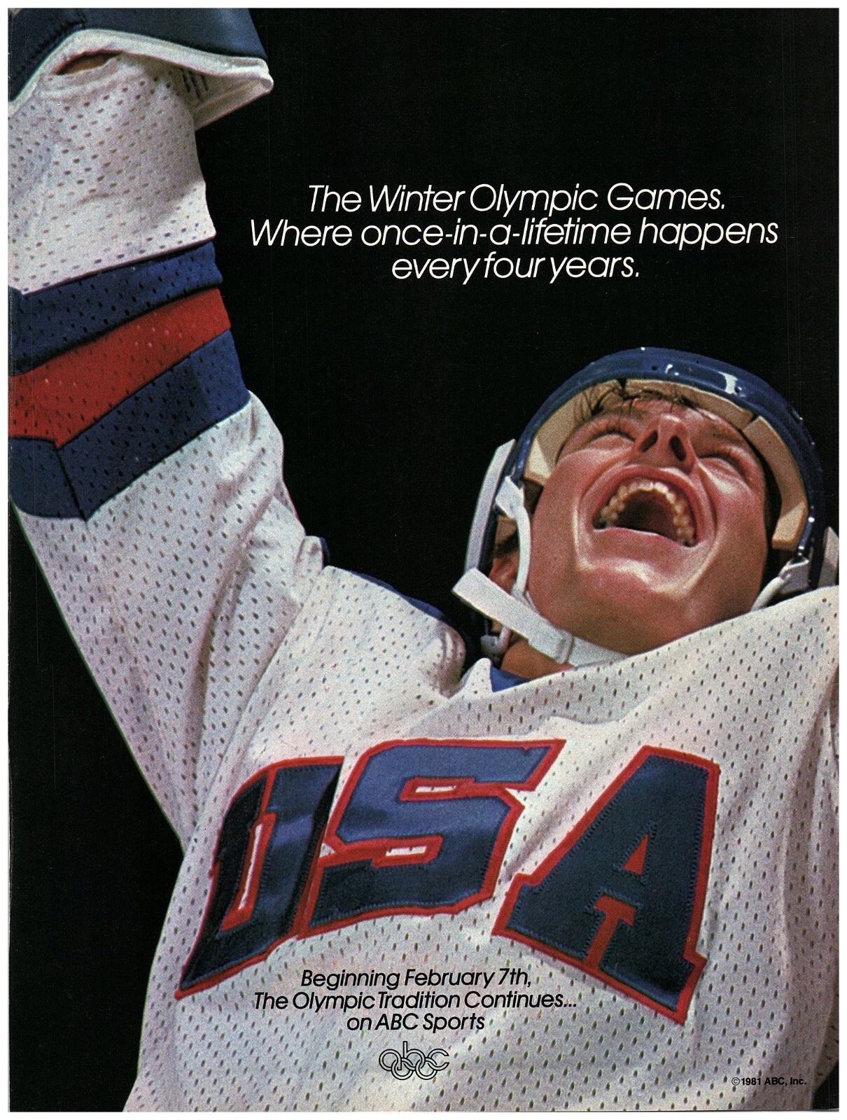 1984 ABC Sports Winter Olympic Games Vintage Print Ad, Team USA Hockey Player