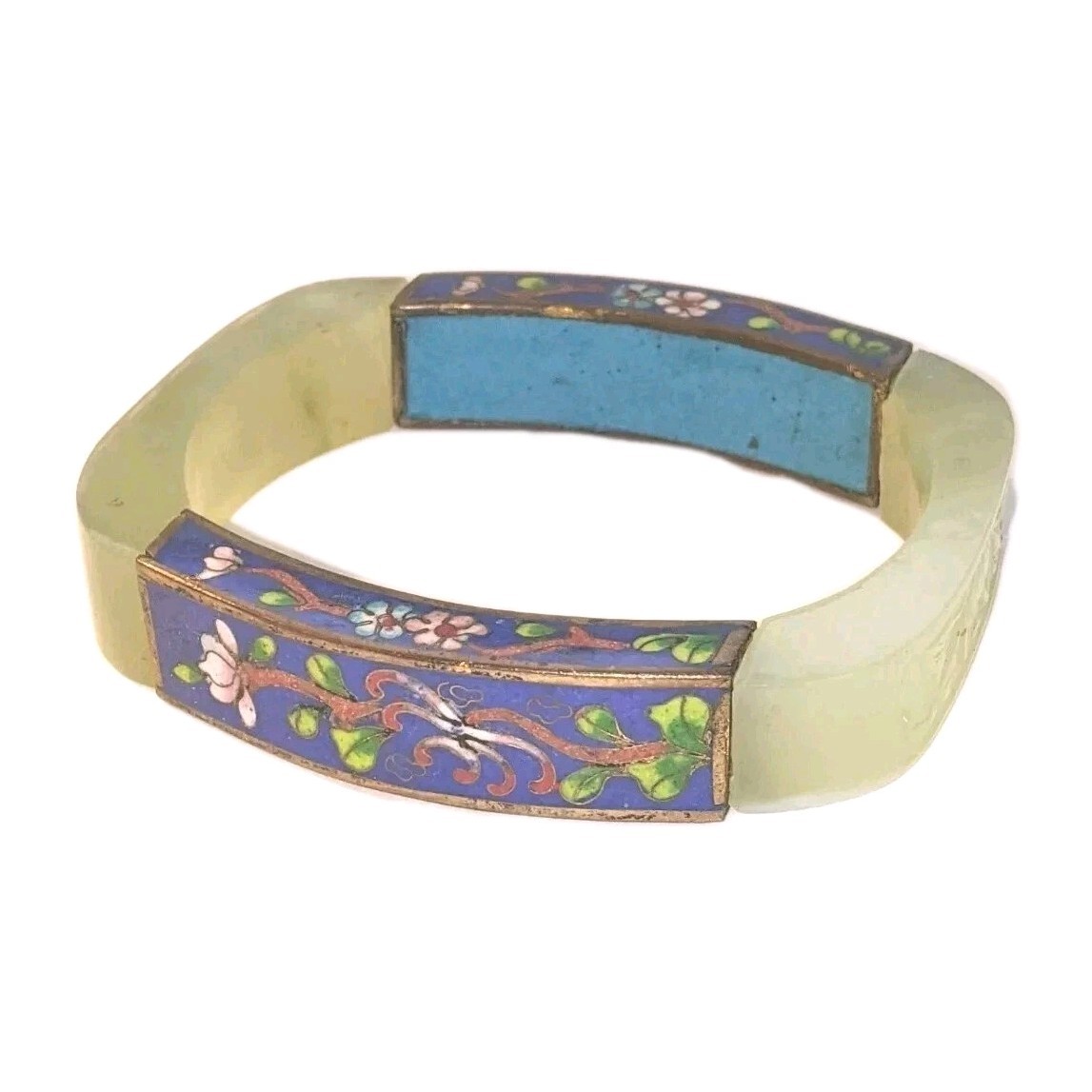 RARE VTG LARGE 15MM CELADON CARVED JADE & CLOISONNE LOTUS FLOWER BANGLE BRACELET