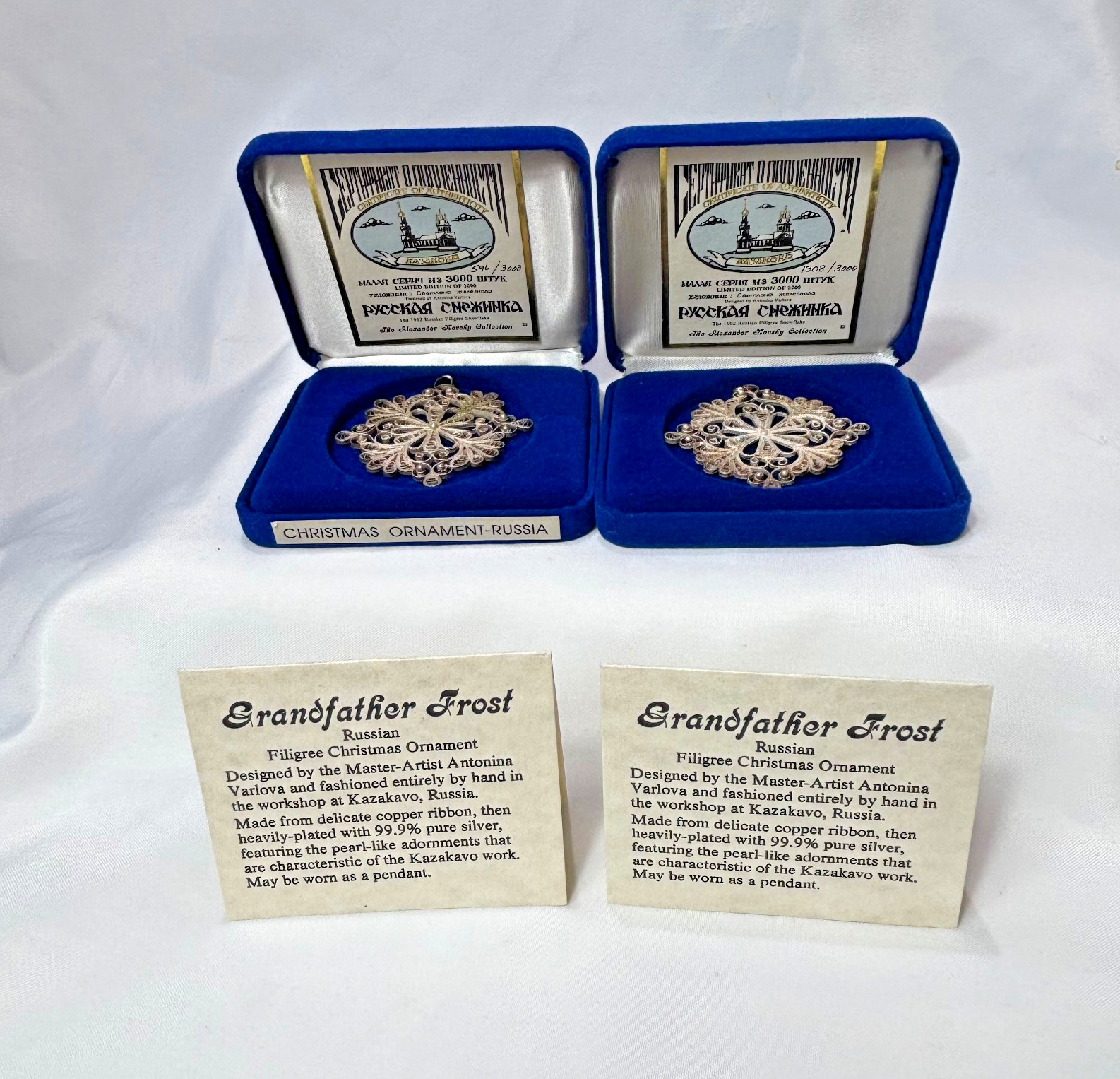 1992 Russian Filigree Snowflake Ornaments Alexander Nevsky Collection Numbered