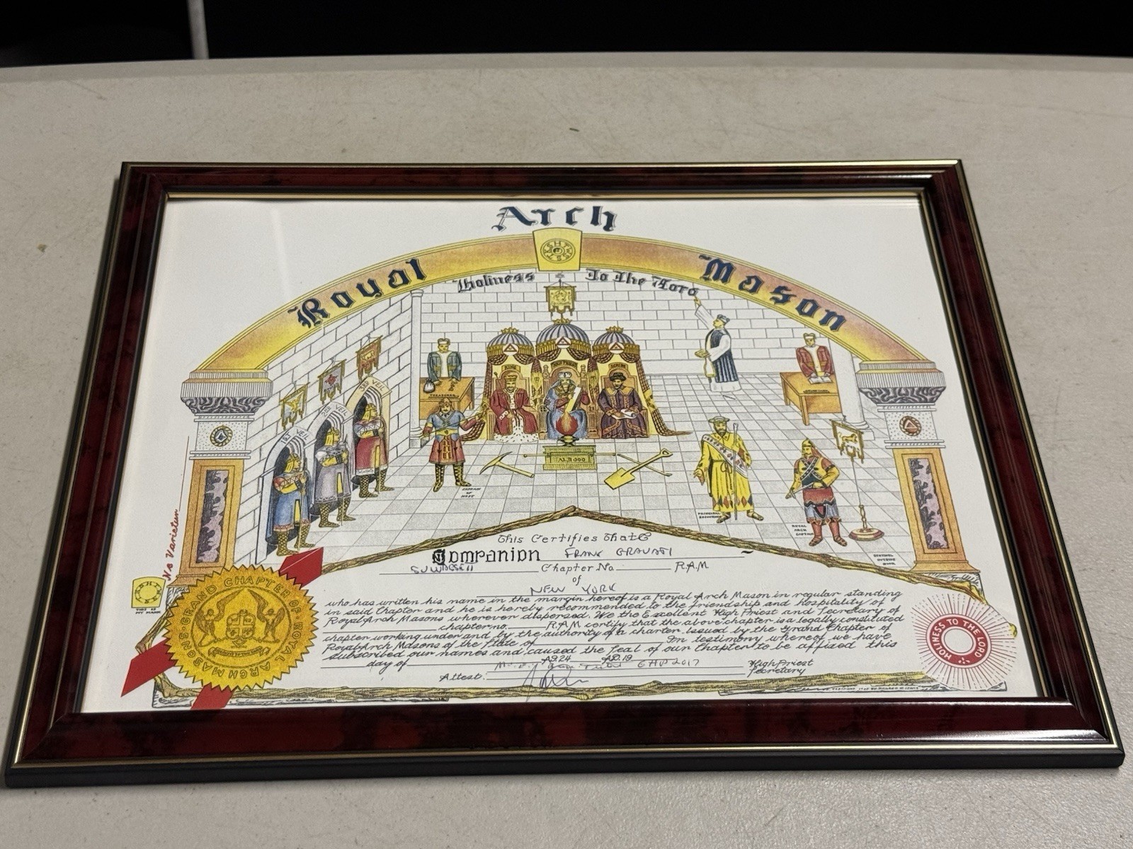 Royal Arch Mason Holiness to the Lord Grand Chapter Membership Certificate 2017