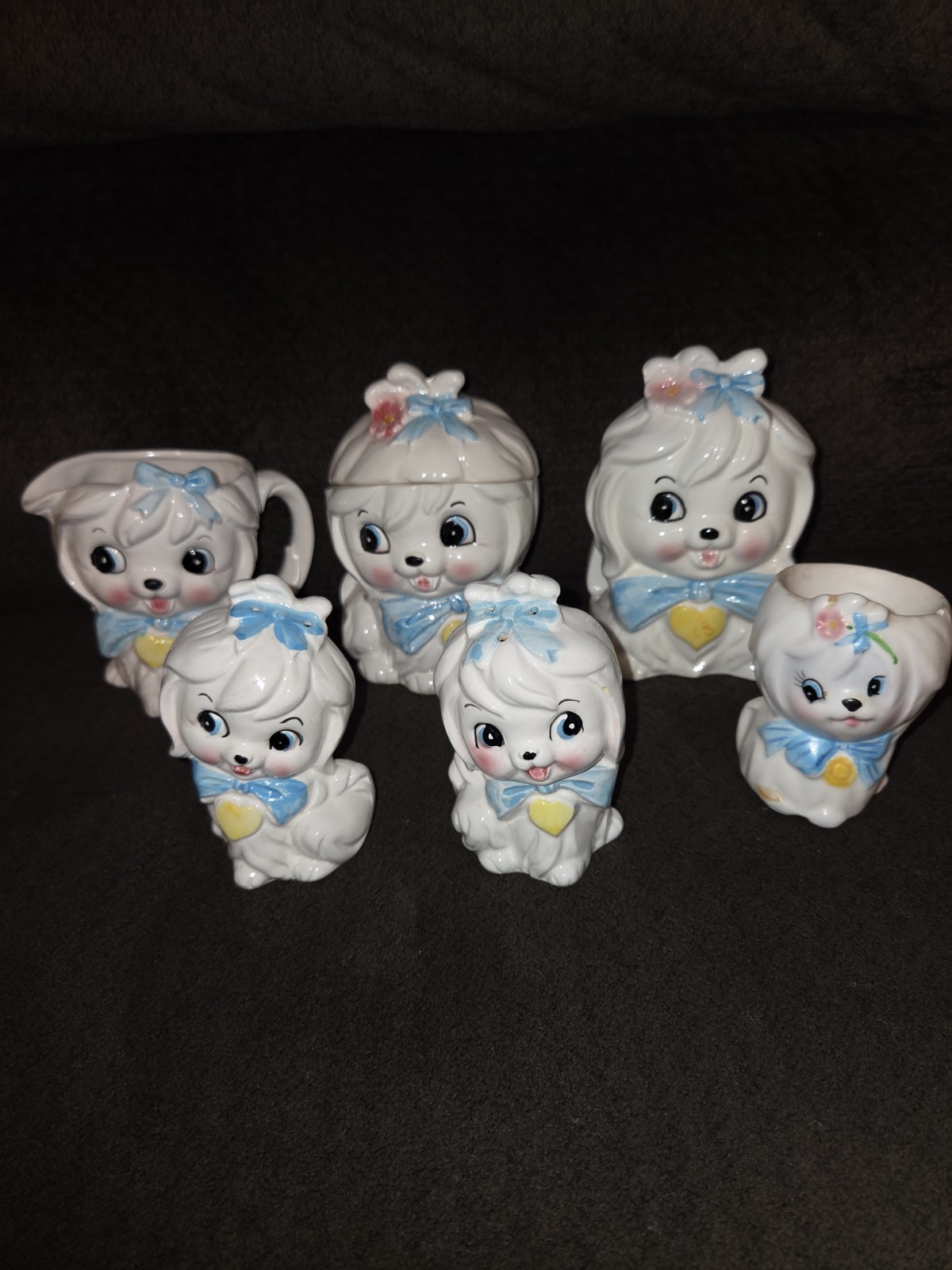 Vintage Mr. Toodles Dog Creamer Sugar  Salt Pepper Egg Holder Set Of 6 Unbranded