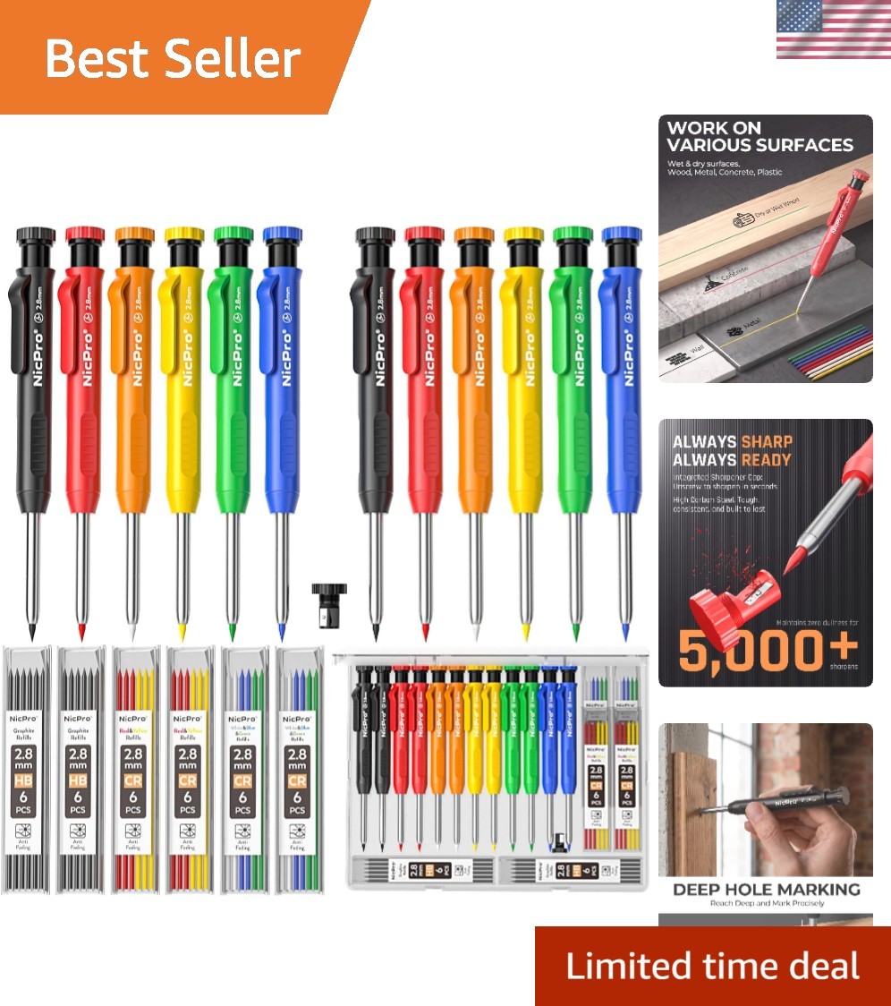 Ergonomic Carpenter Pencil Set: 12 Durable Pencils with Sharpener & Refill Leads Ergonomic Carpenter Pencil Set: 12 Durable Pencils with Sharpener & Refill Leads